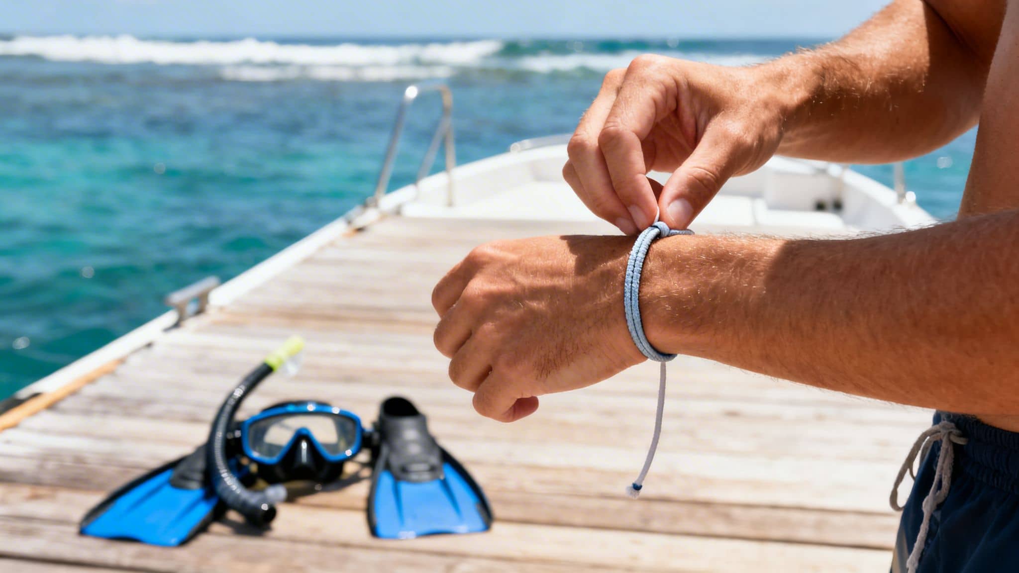 Man adjusts blue rope bracelet on wrist on a wooden dock with snorkeling gear and the ocean.