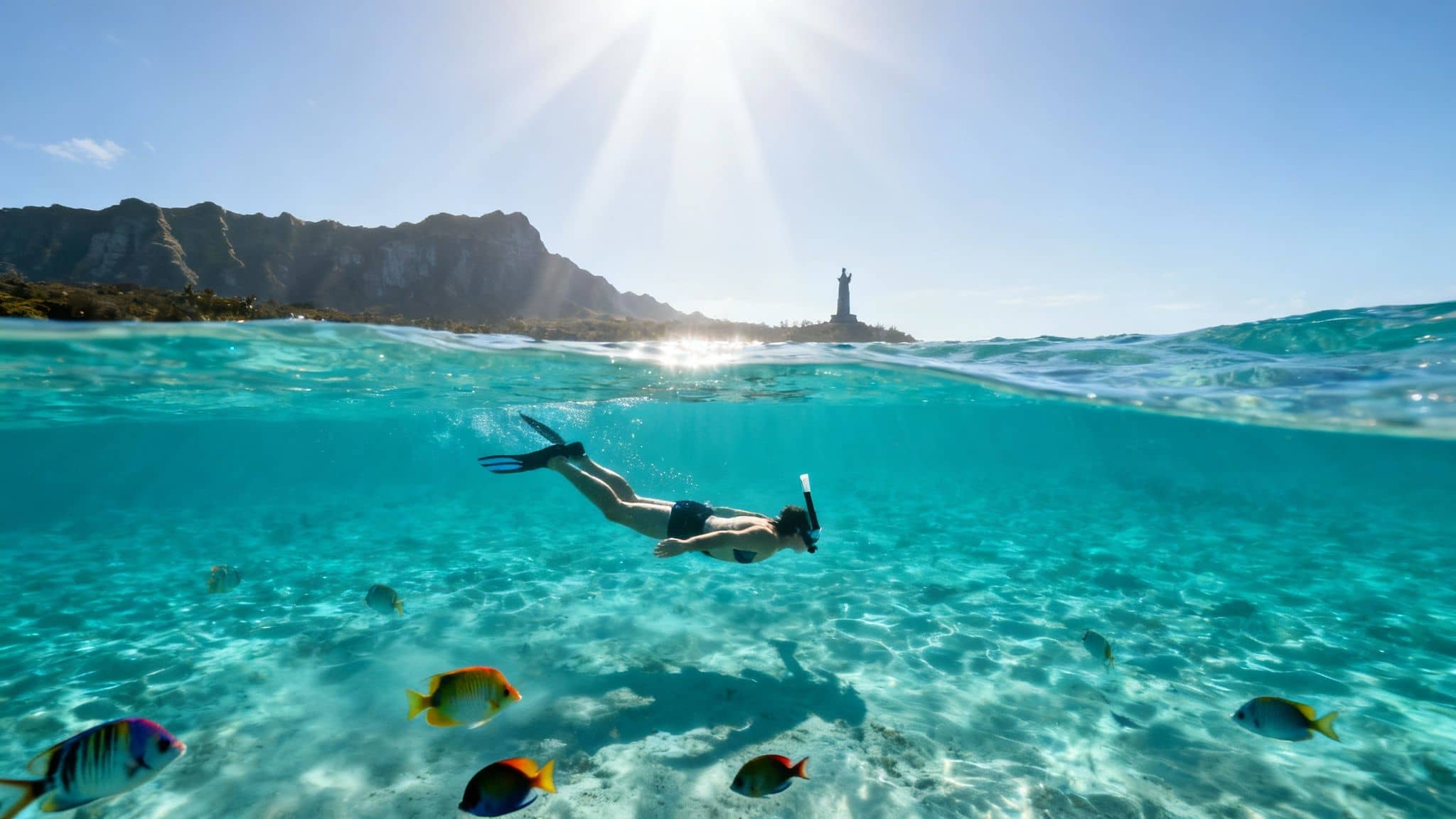 A person snorkeling in crystal clear blue water with colorful fish, an island, mountains, and a statue.
