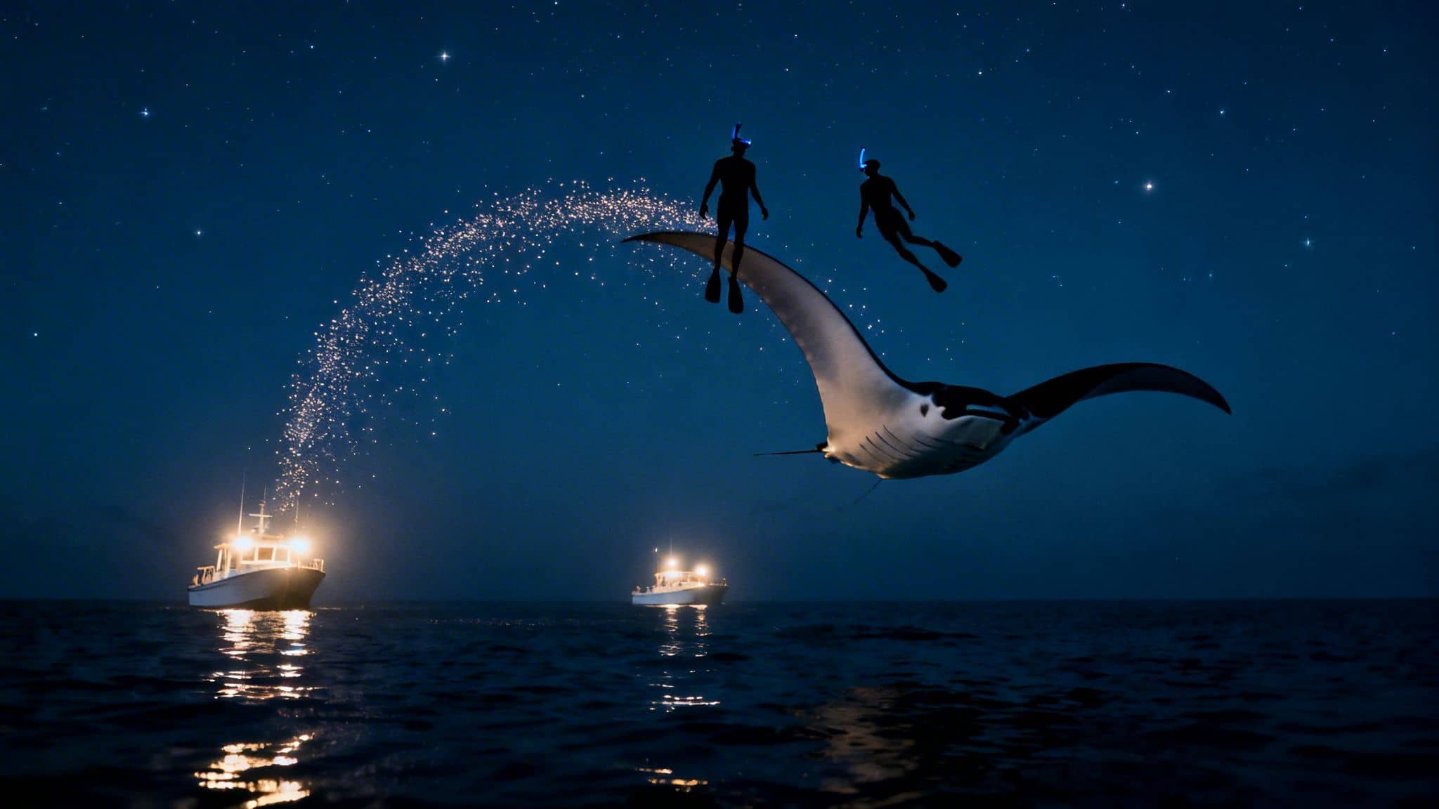 Manta ray, snorkelers, and boats under a starry night sky with glowing plankton.