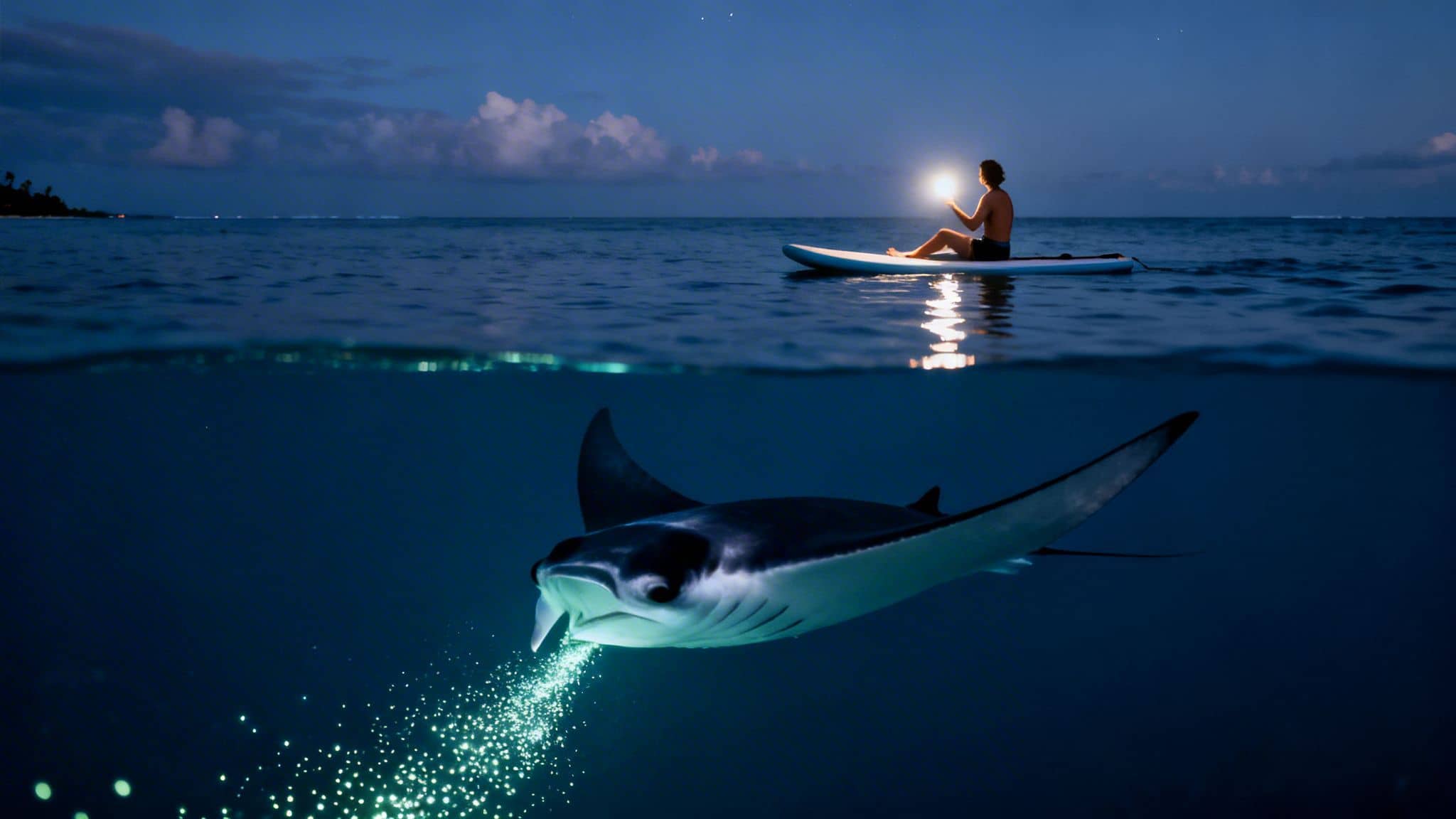 Night scene with a person on a paddleboard and a bioluminescent manta ray underwater.