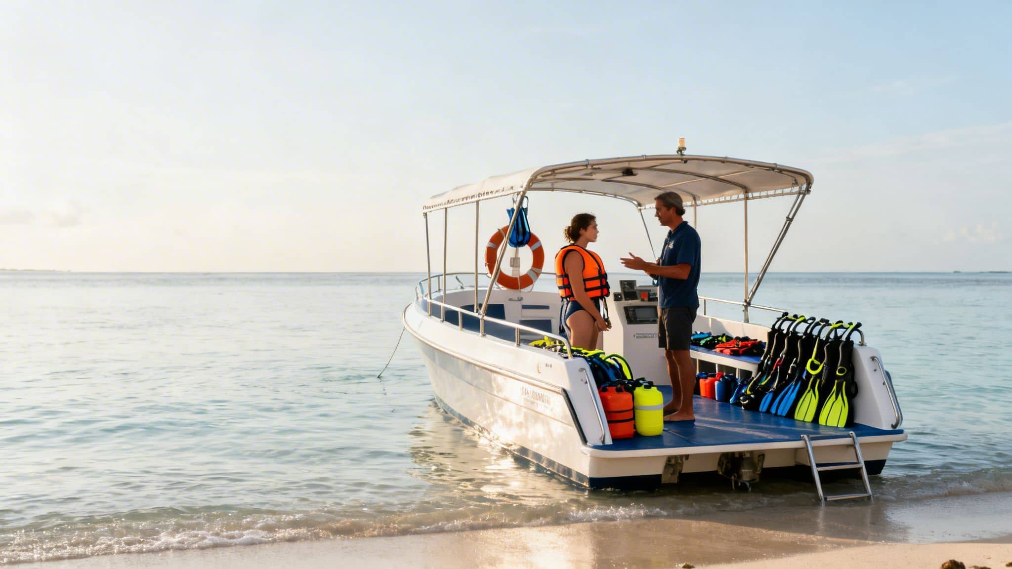 Two people on a boat equipped for snorkeling at a calm beach, talking.