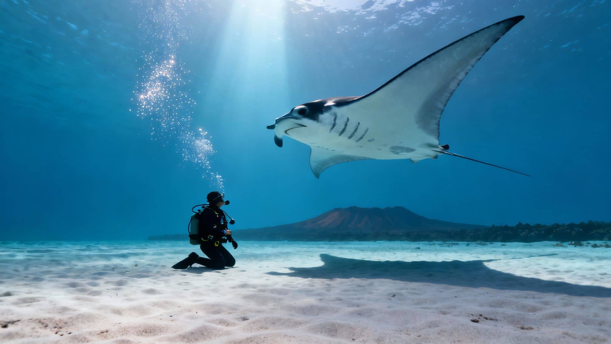A scuba diver kneels on a sandy seafloor, observing a majestic manta ray swimming overhead.
