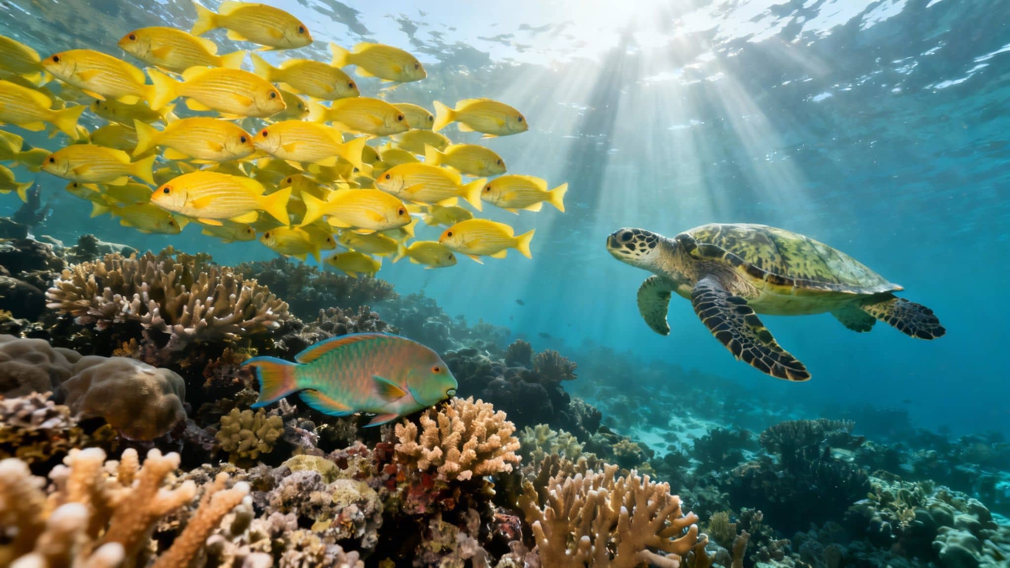 An underwater scene of a sea turtle, a school of yellow fish, and a parrotfish swimming over a vibrant coral reef with sun rays.