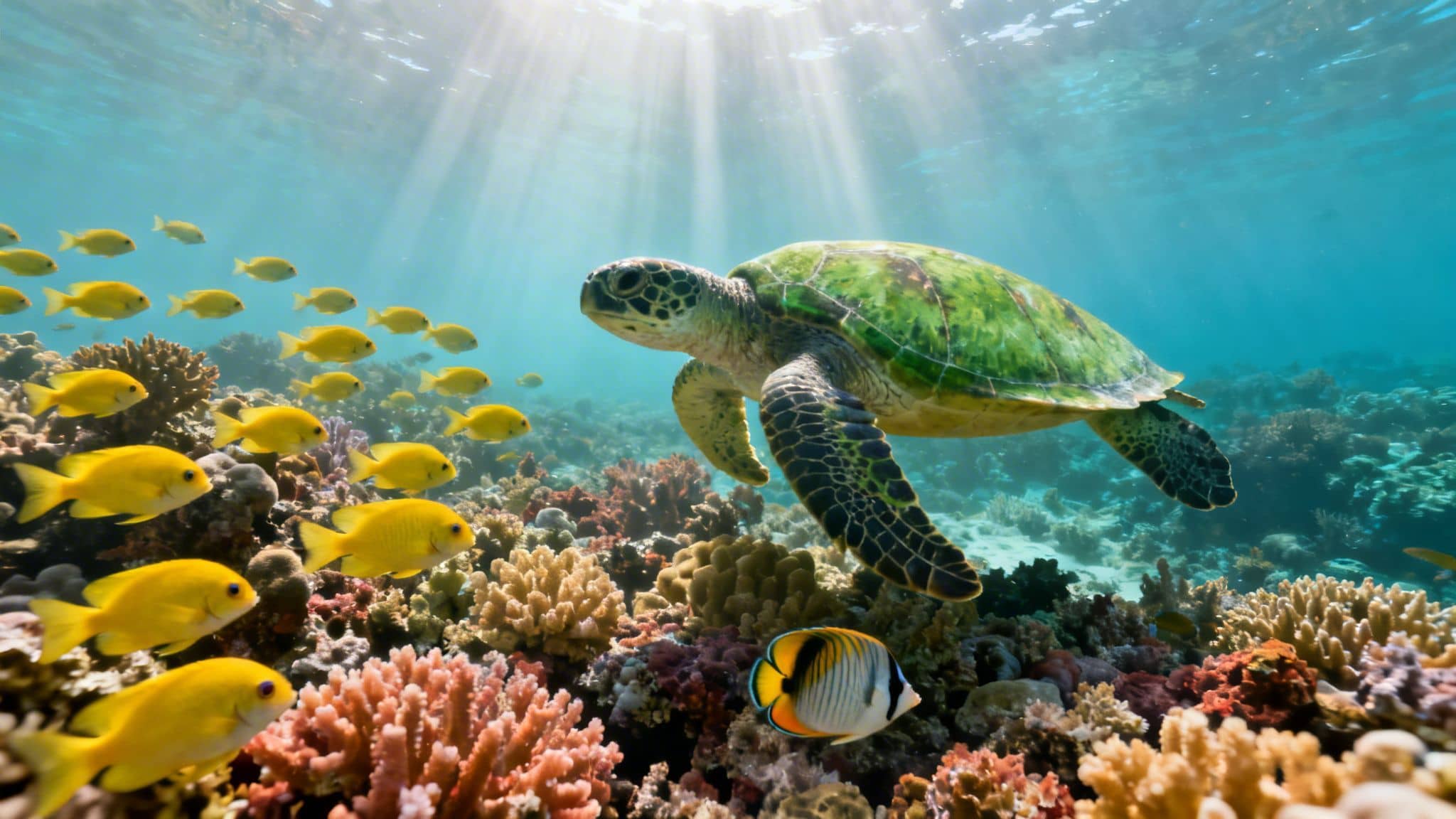 A majestic green sea turtle swims above a vibrant coral reef teeming with yellow fish.