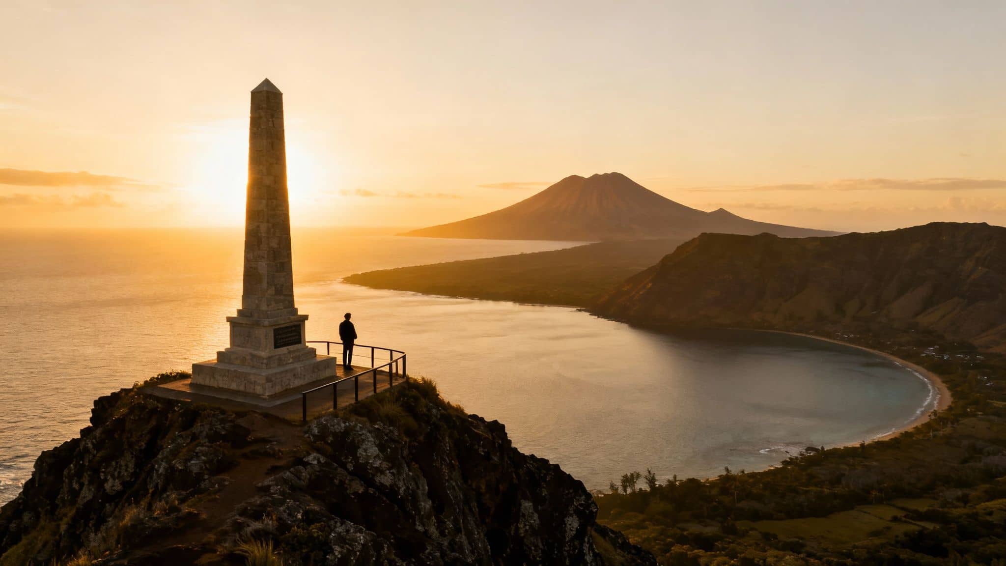 A lone person stands by Captain Cook Monument, overlooking Kealakekua Bay and Mauna Loa volcano at sunset.