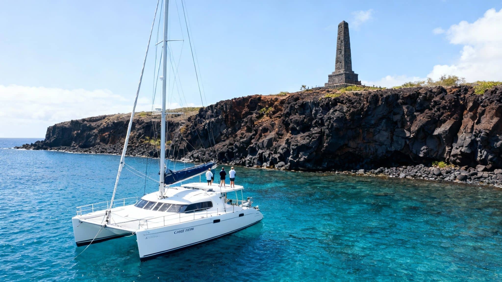 A white catamaran with three people anchored in clear blue water near a rocky coastline and monument.