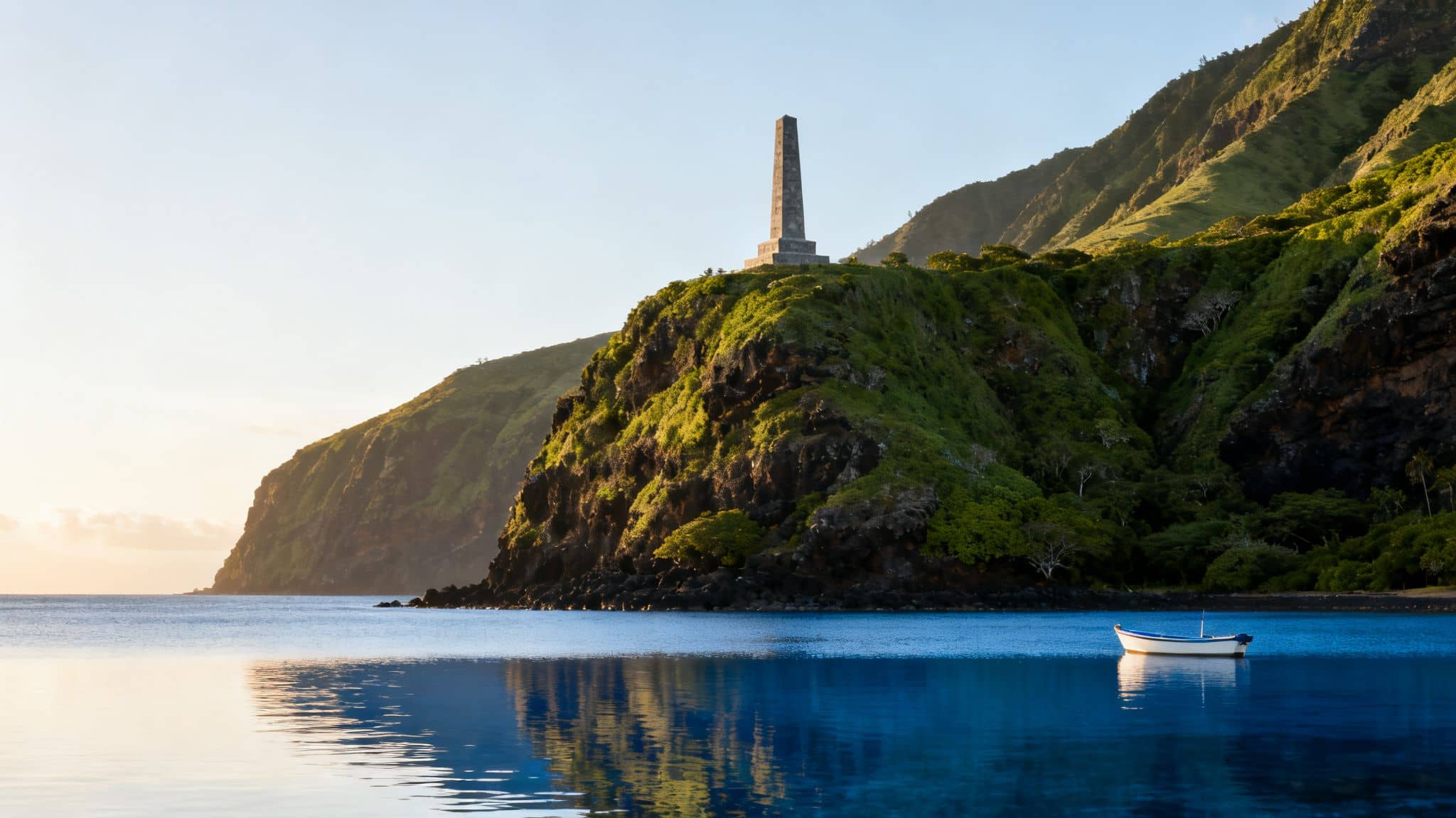 A serene bay with a white boat, lush green cliffs, and a monument under a soft sky.