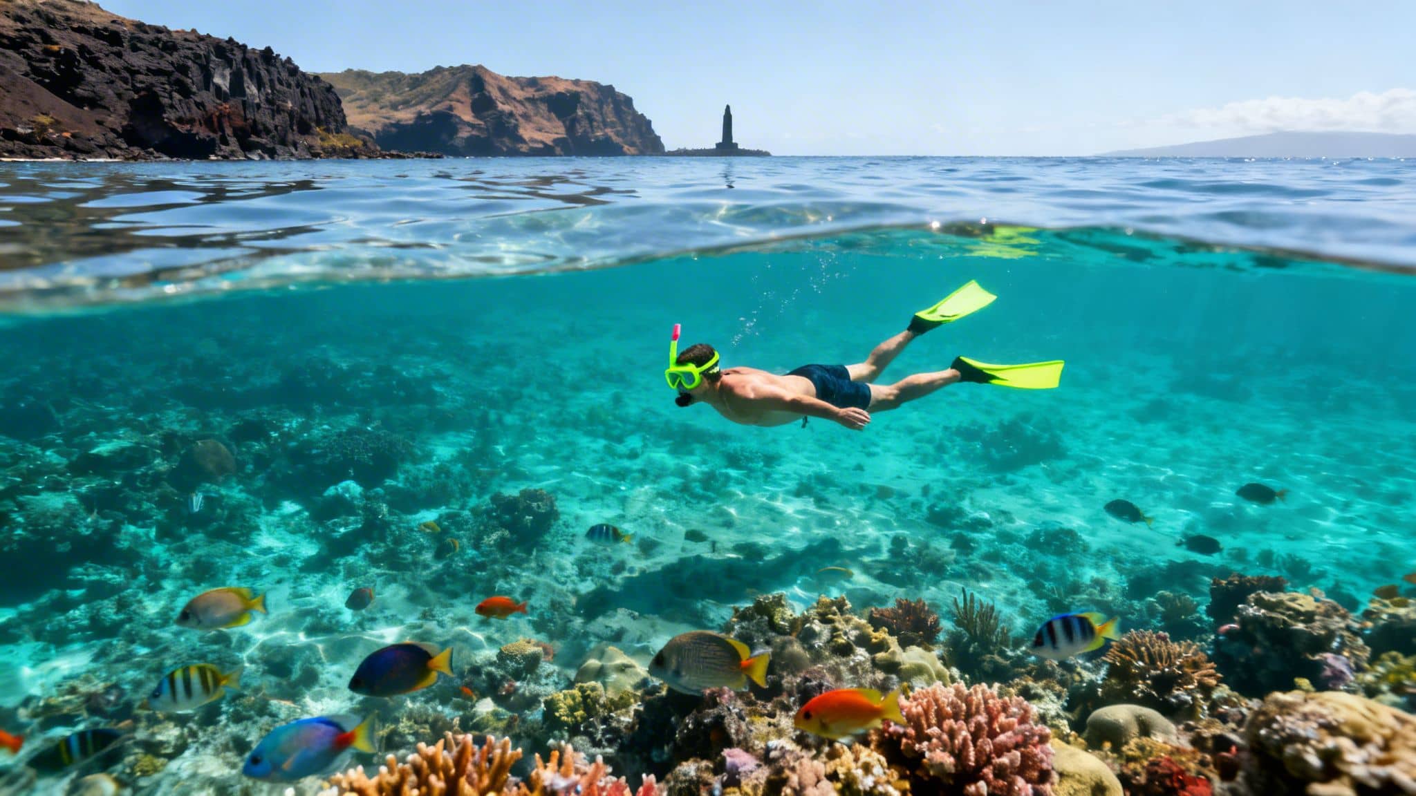 Split image of a man snorkeling over a vibrant coral reef with colorful fish and a distant coastline.