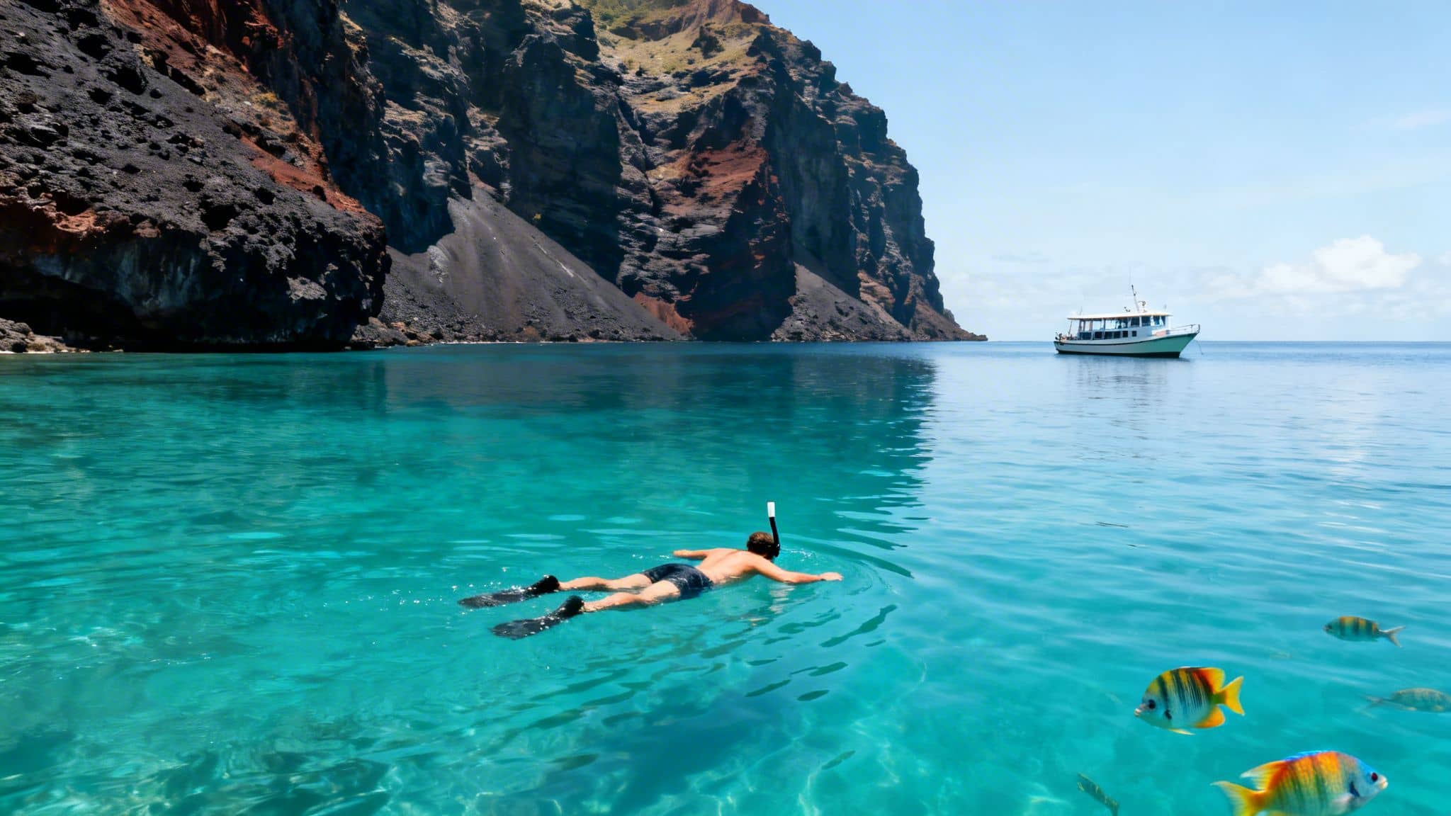 A person in flippers and snorkel explores clear turquoise water with tropical fish near a volcanic island.