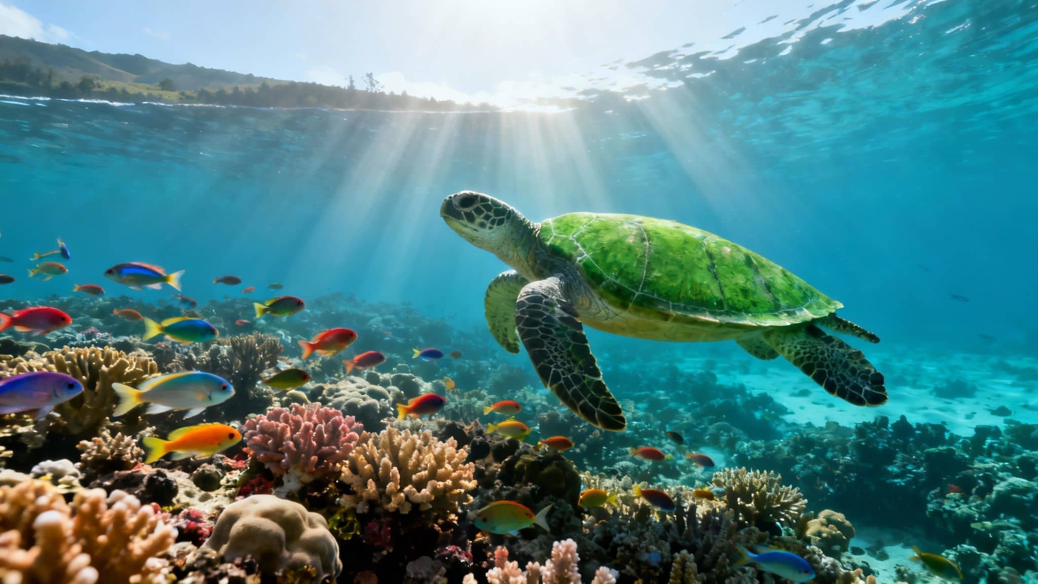 A magnificent green sea turtle glides over a vibrant coral reef teeming with colorful fish under sunlit clear blue ocean water.
