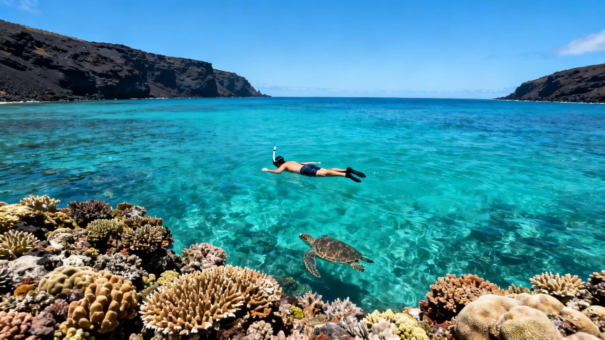 A person snorkels near a sea turtle above a vibrant coral reef in clear turquoise water.