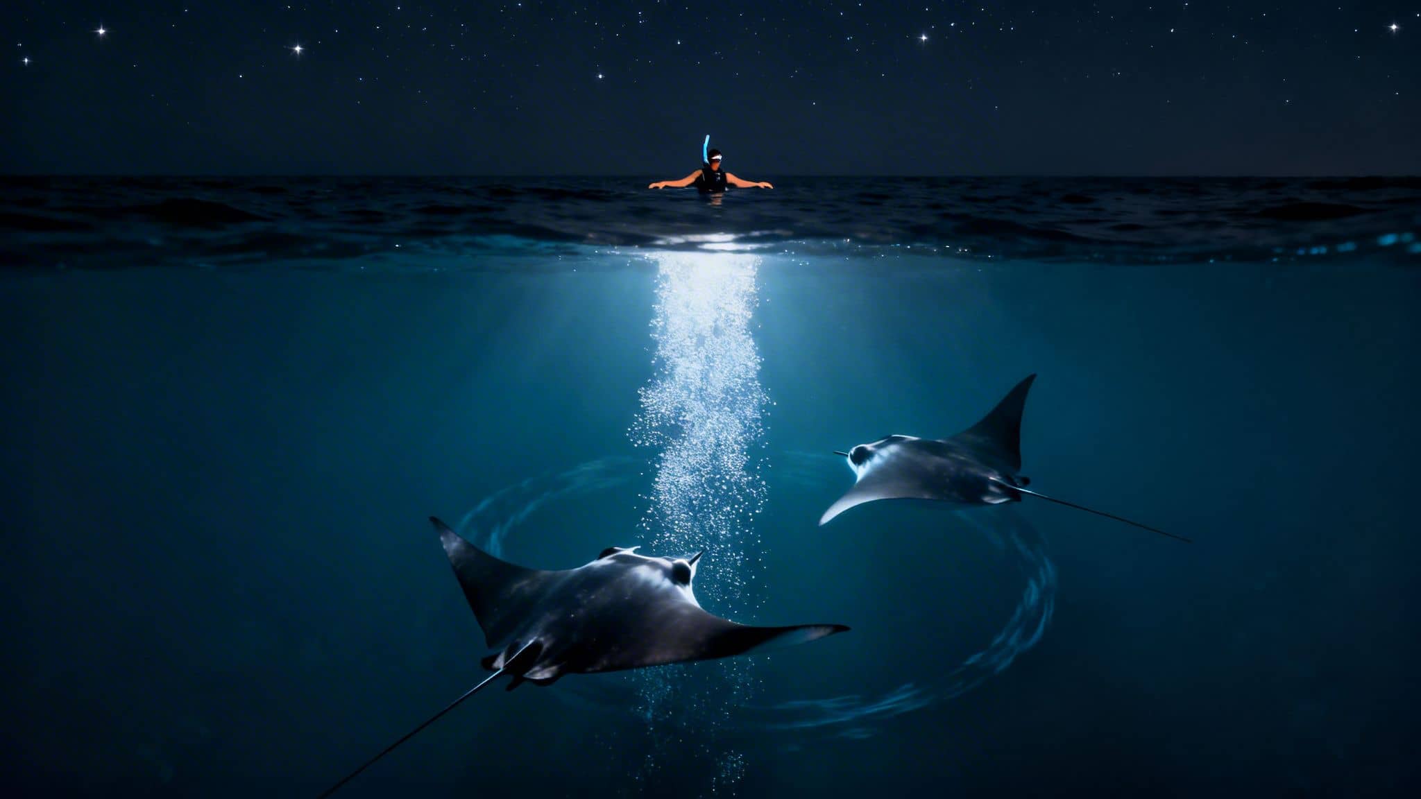 A snorkeler floats on a dark ocean surface under starry sky, two manta rays swim below.