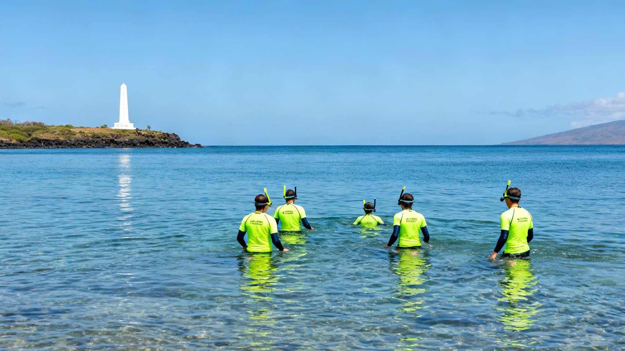 Five people in neon yellow shirts with snorkels standing in clear ocean water, facing a distant white monument on a rocky island.