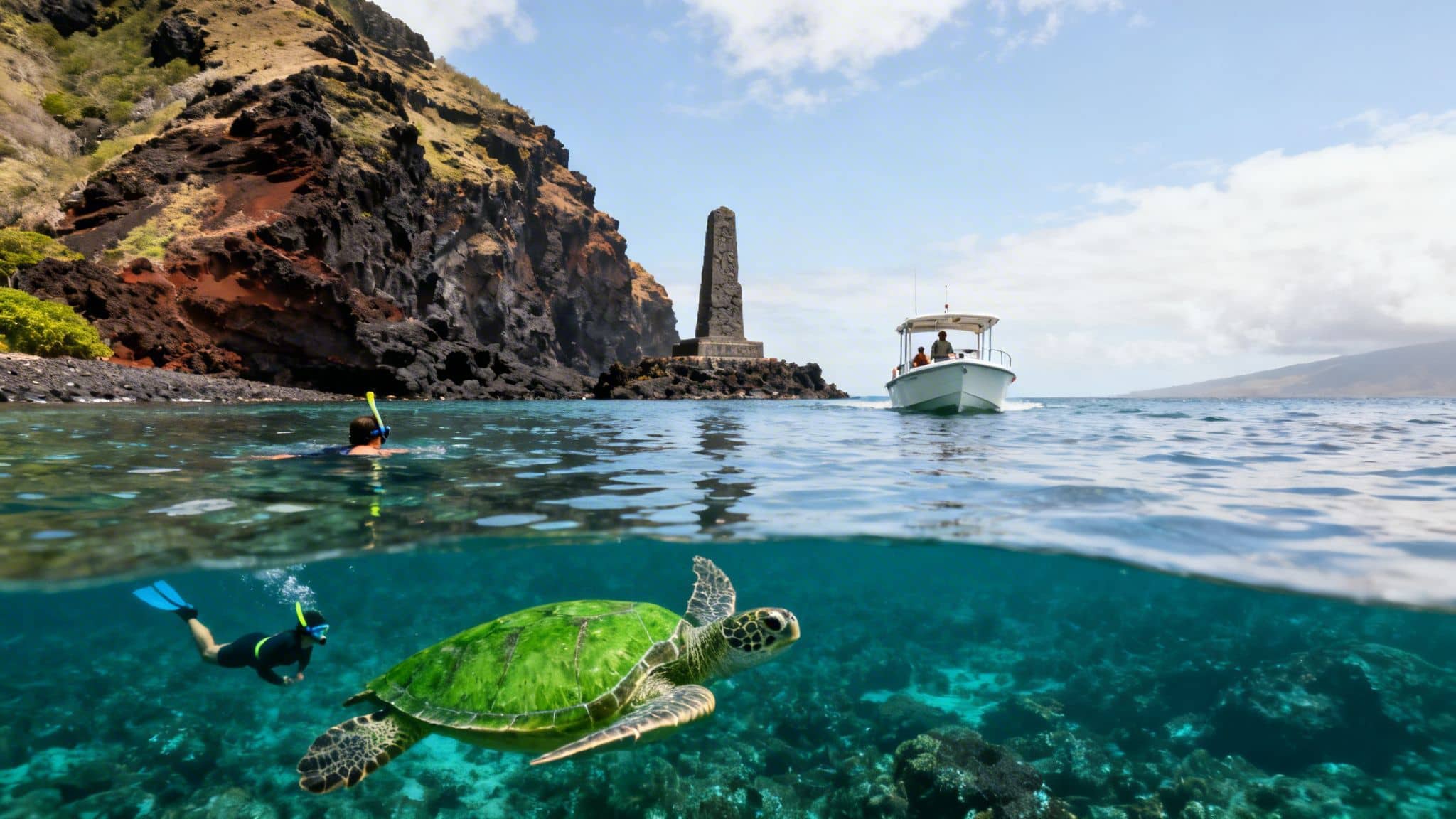 Snorkelers swim with a vibrant green sea turtle in tropical waters near a historic monument and boat.