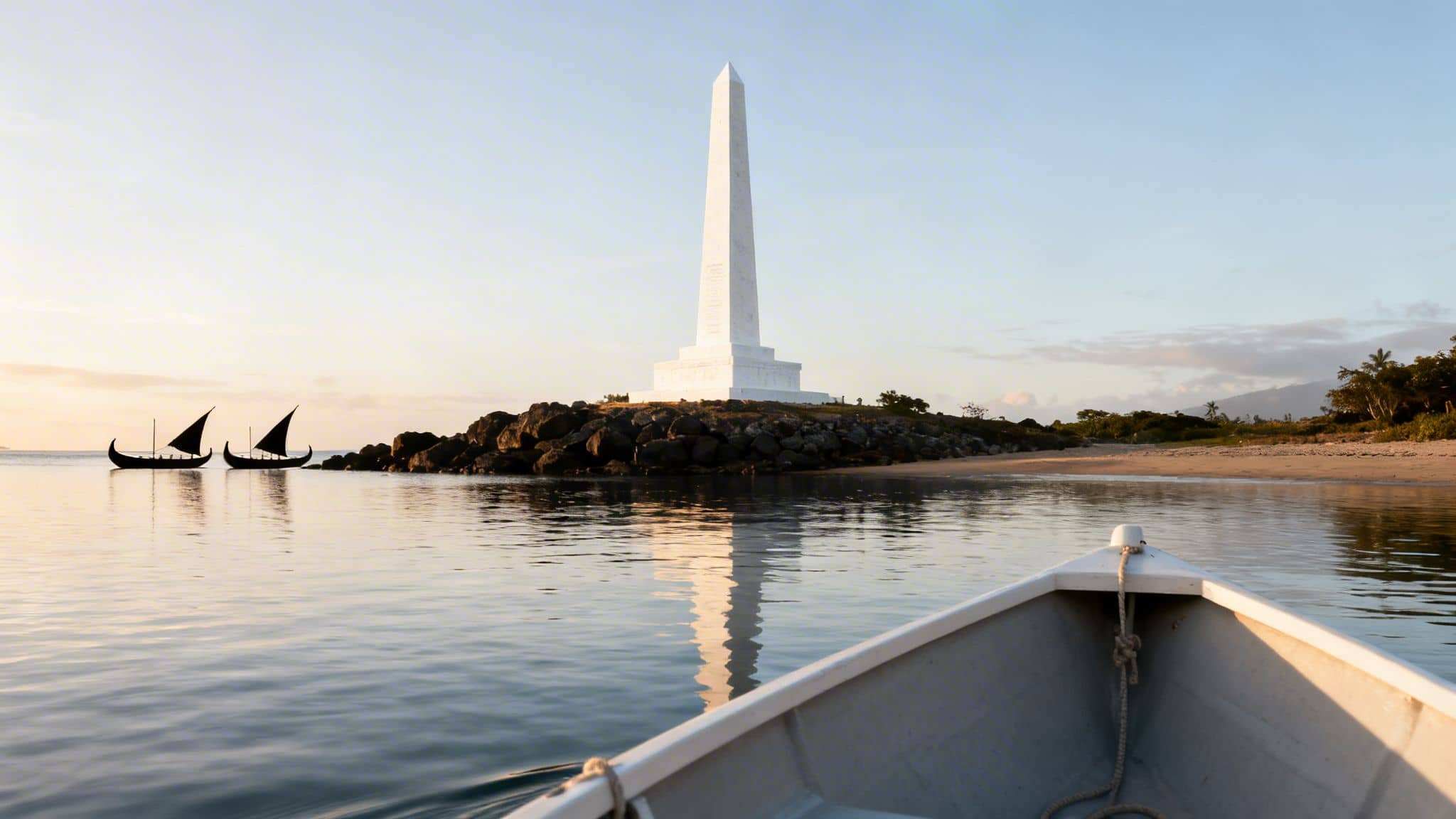Coastal scene from a boat with a tall white monument and two traditional sailing canoes at sunset.