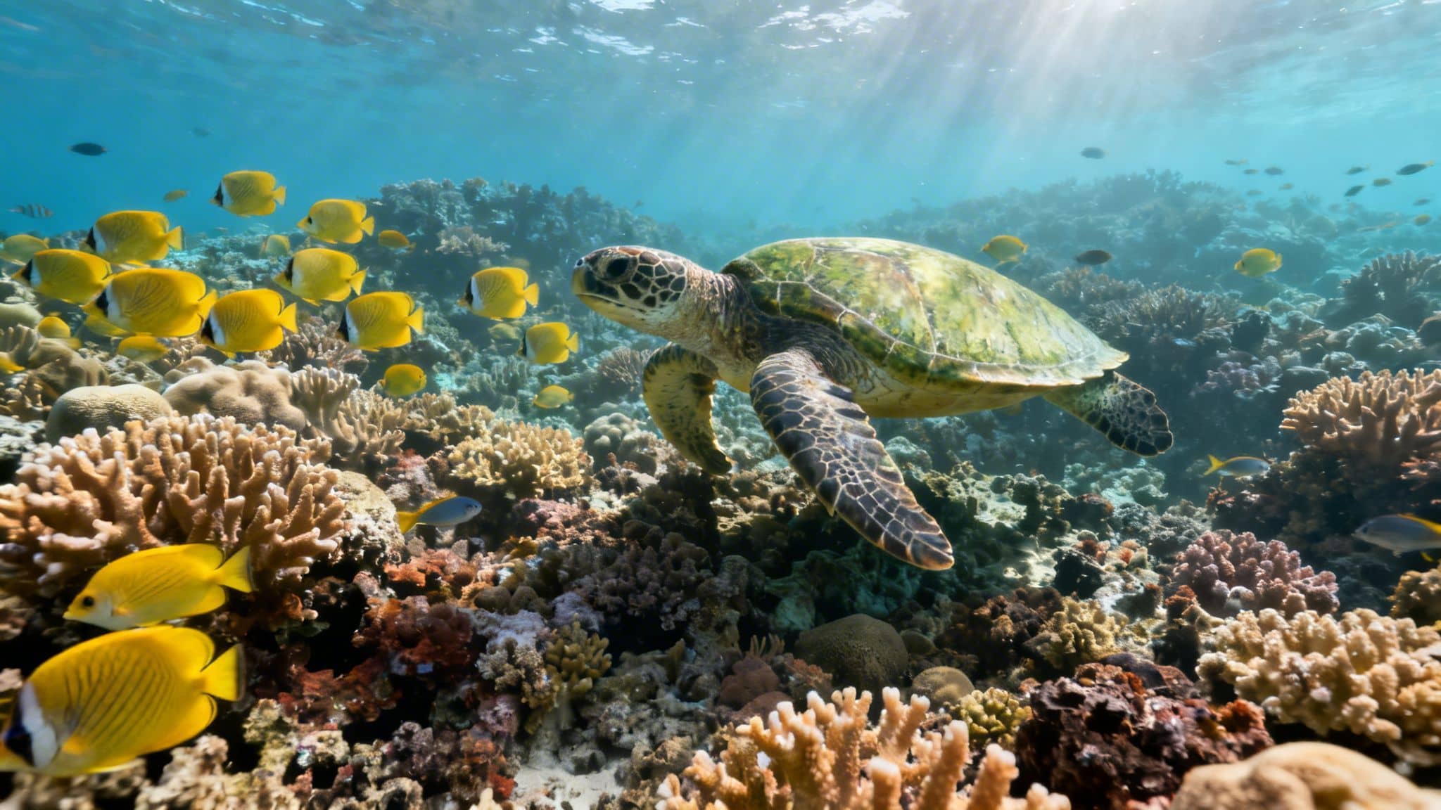 A majestic green sea turtle glides over a vibrant coral reef among schools of yellow fish.