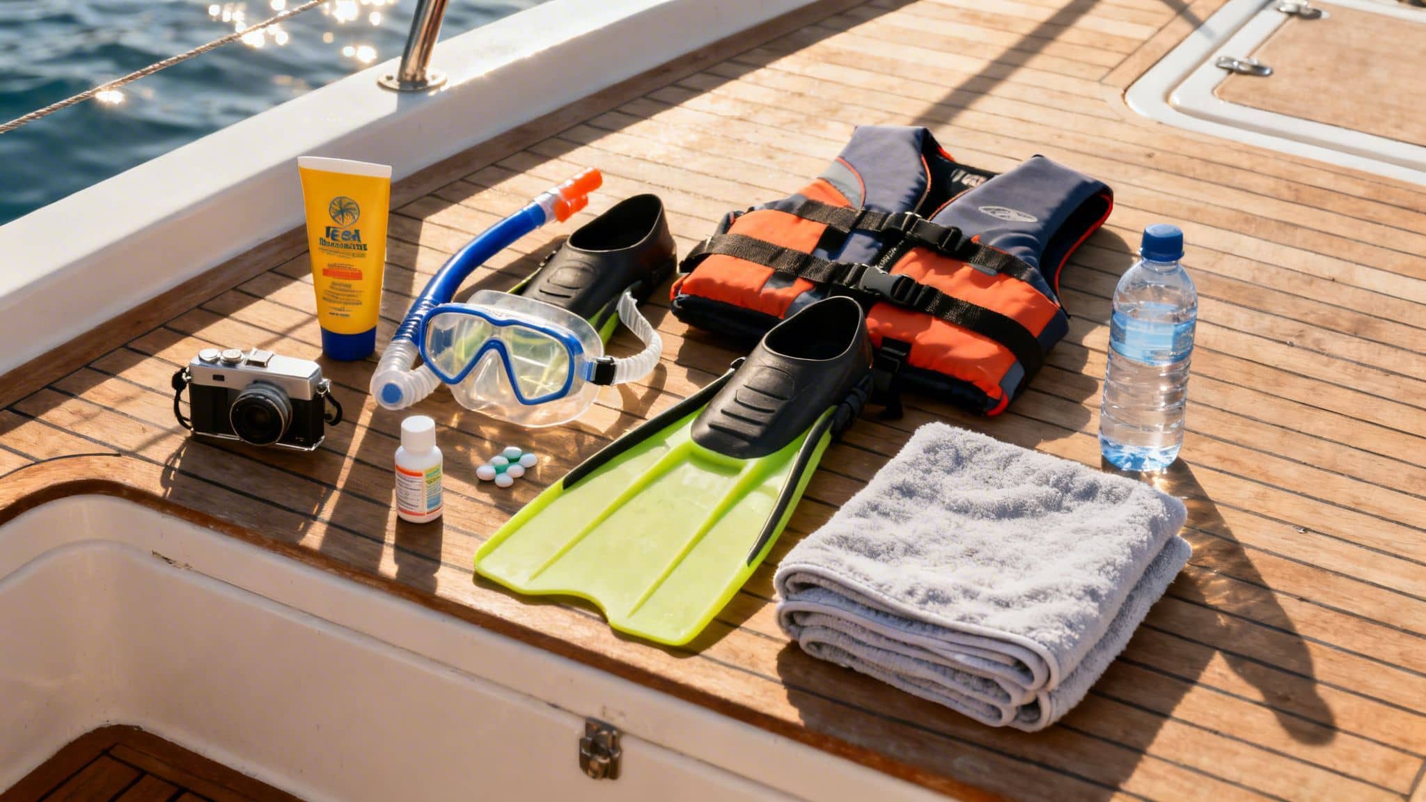 Snorkeling gear, camera, sunscreen, water, and towel laid out on a wooden boat deck.