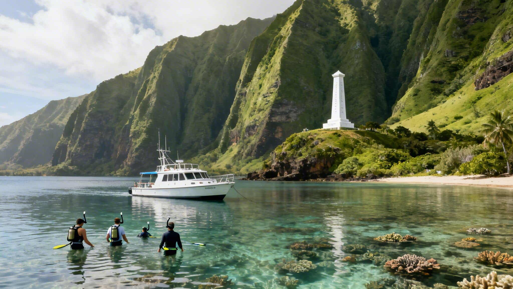 Snorkelers explore clear waters with coral near a tour boat and monument in a tropical bay.
