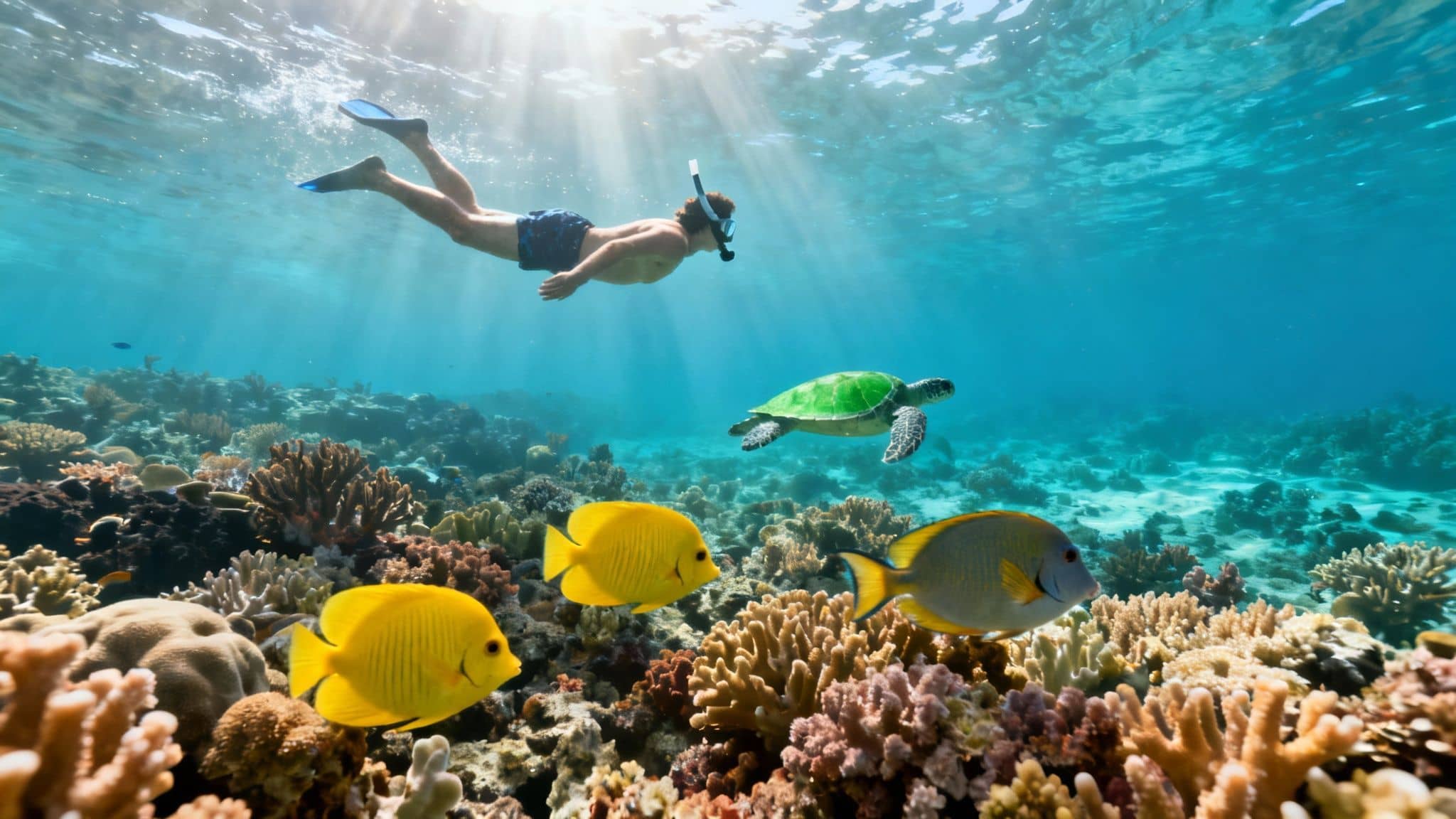 A snorkeler swims above a vibrant coral reef, observing a green sea turtle and yellow fish.