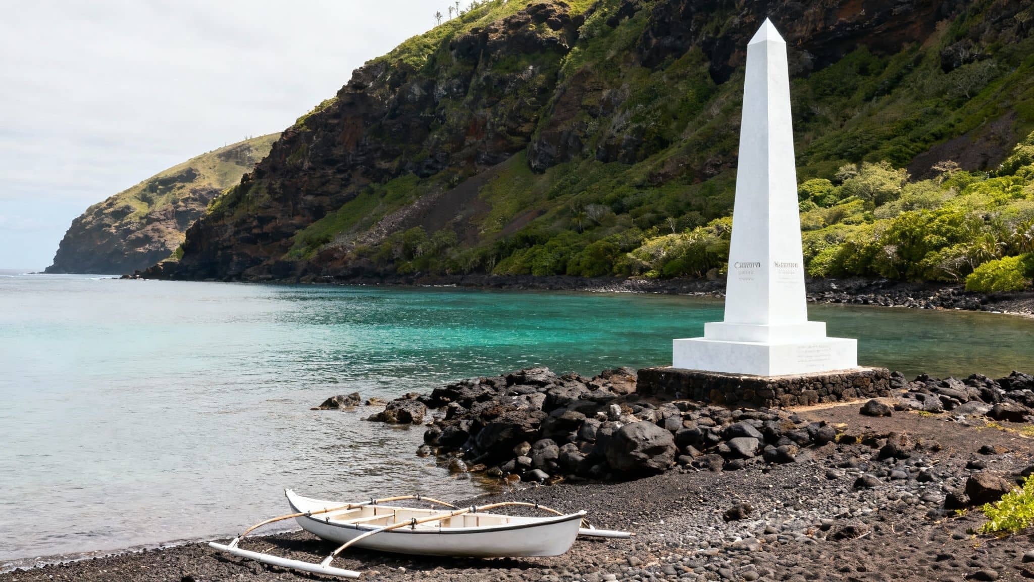 A white obelisk, the Captain Cook Monument, stands on the shore of Kealakekua Bay with lush green cliffs behind it.