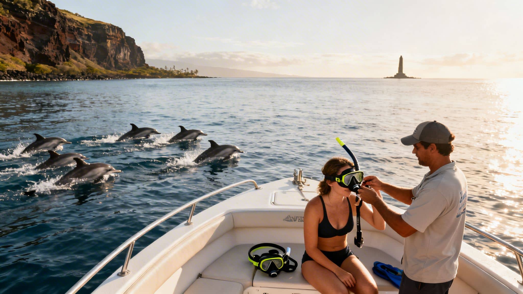 Dolphins swim by a boat as a guide helps a woman prepare for snorkeling.