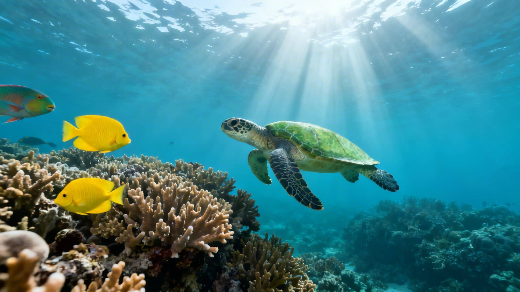 A green sea turtle swims over a vibrant coral reef with colorful fish and sunbeams in clear blue water.