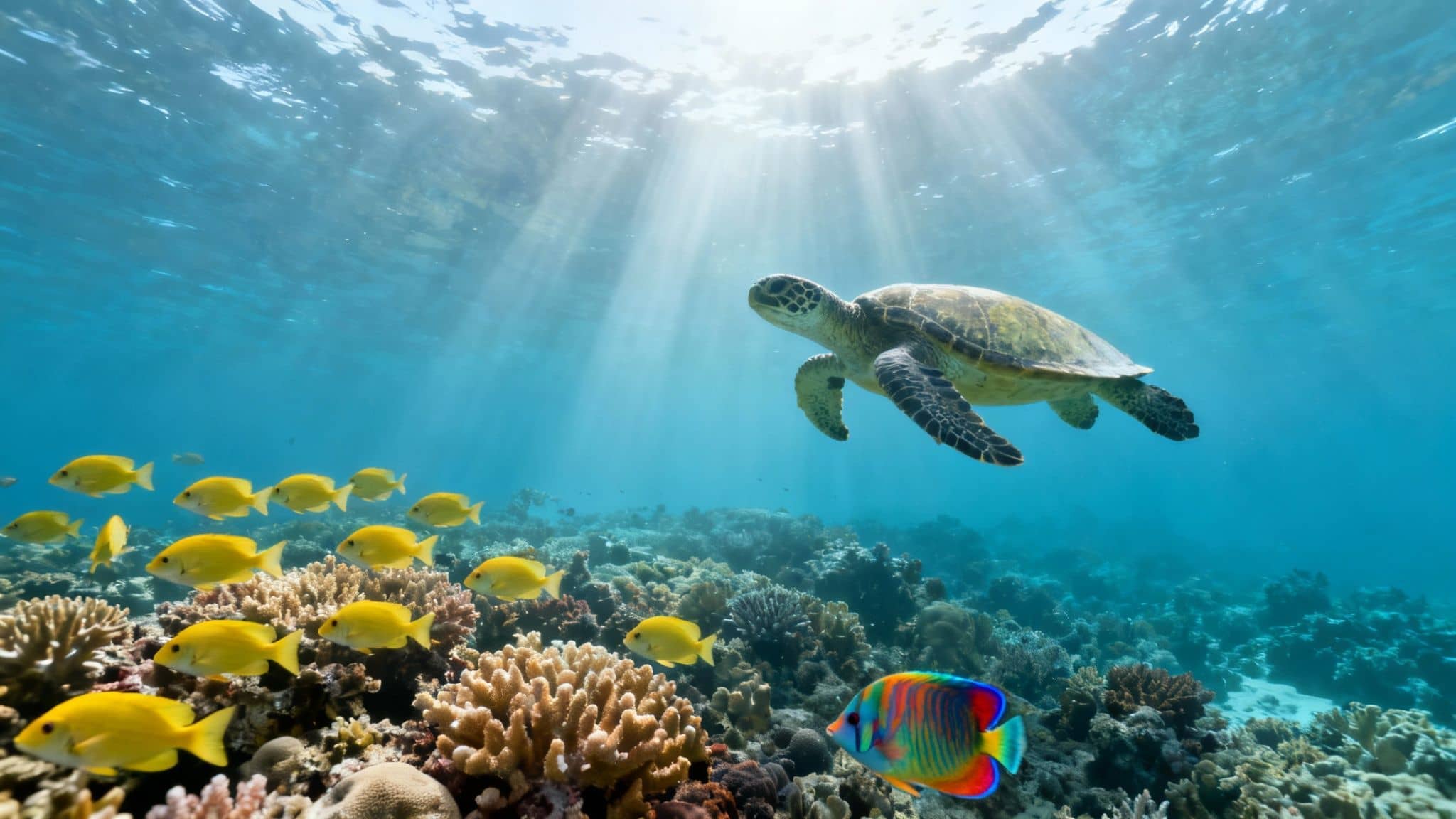 A majestic green sea turtle swims gracefully above a vibrant coral reef with schooling yellow fish.