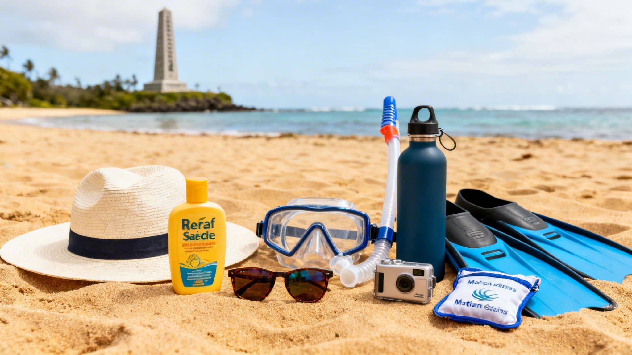 Snorkeling gear, sunscreen, and hat on a sandy beach with the ocean and a monument in the background.