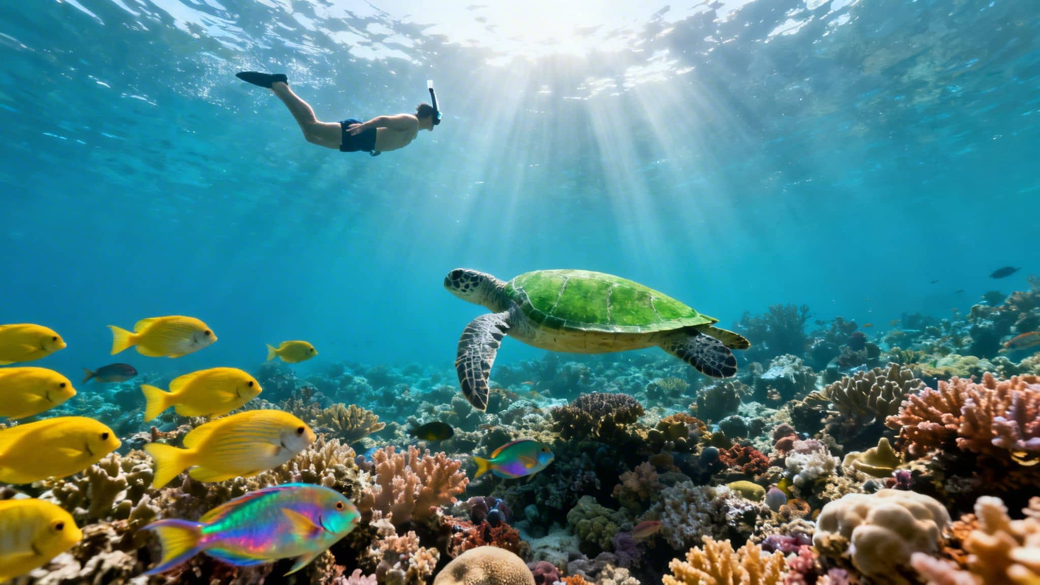 A person snorkeling above a green sea turtle and vibrant coral reef with many colorful fish.