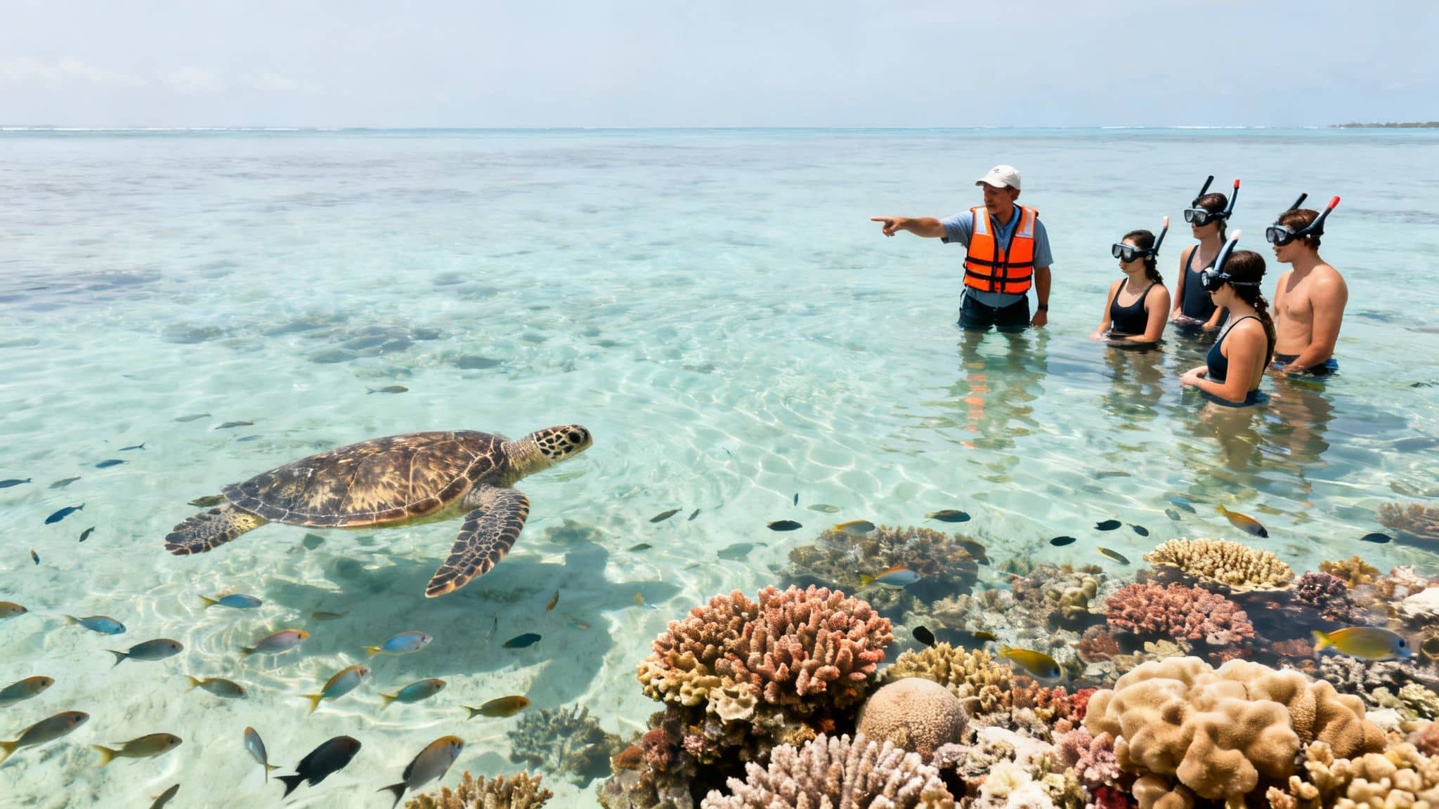 A guide points to a sea turtle swimming near snorkelers, colorful fish, and a coral reef.