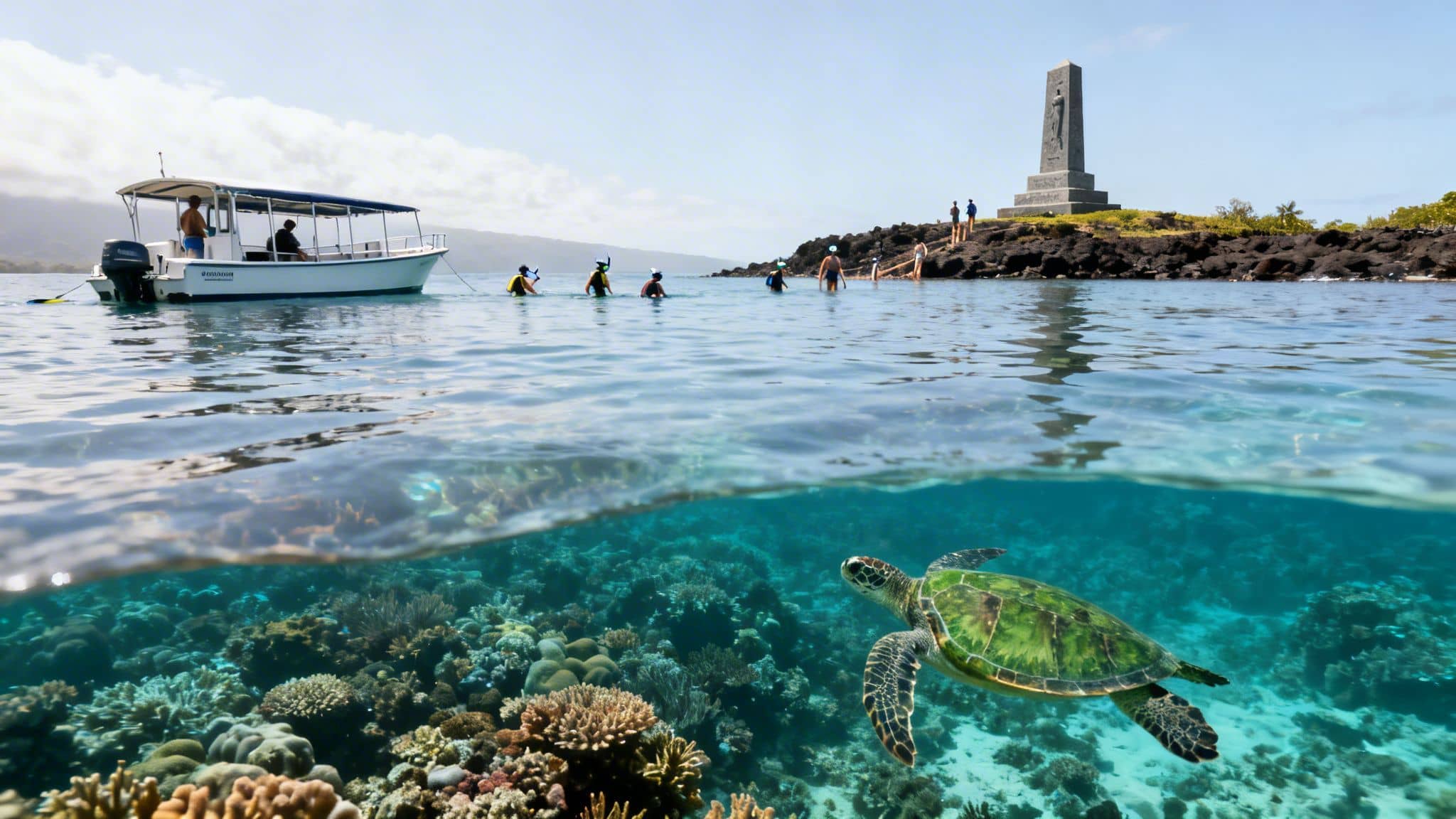 Tropical ocean split-level view with a boat, swimmers, island monument, sea turtle, and coral reef.