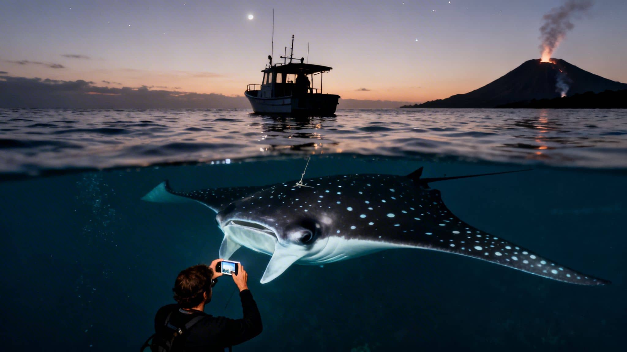 Split-level view of a diver photographing a spotted eagle ray, with a boat and erupting volcano above.