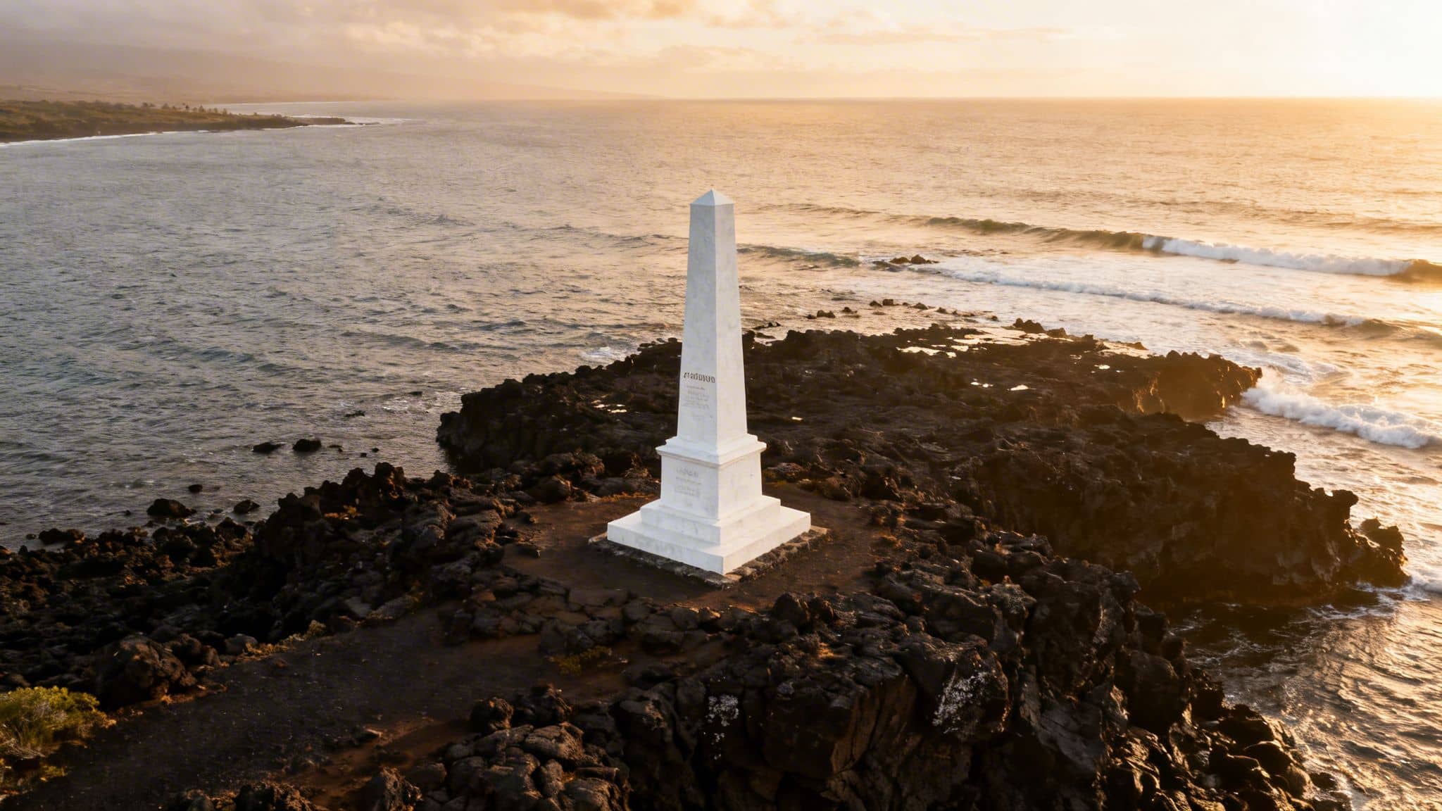 The white Captain Cook Monument stands on the rocky shore of Kealakekua Bay at golden hour.