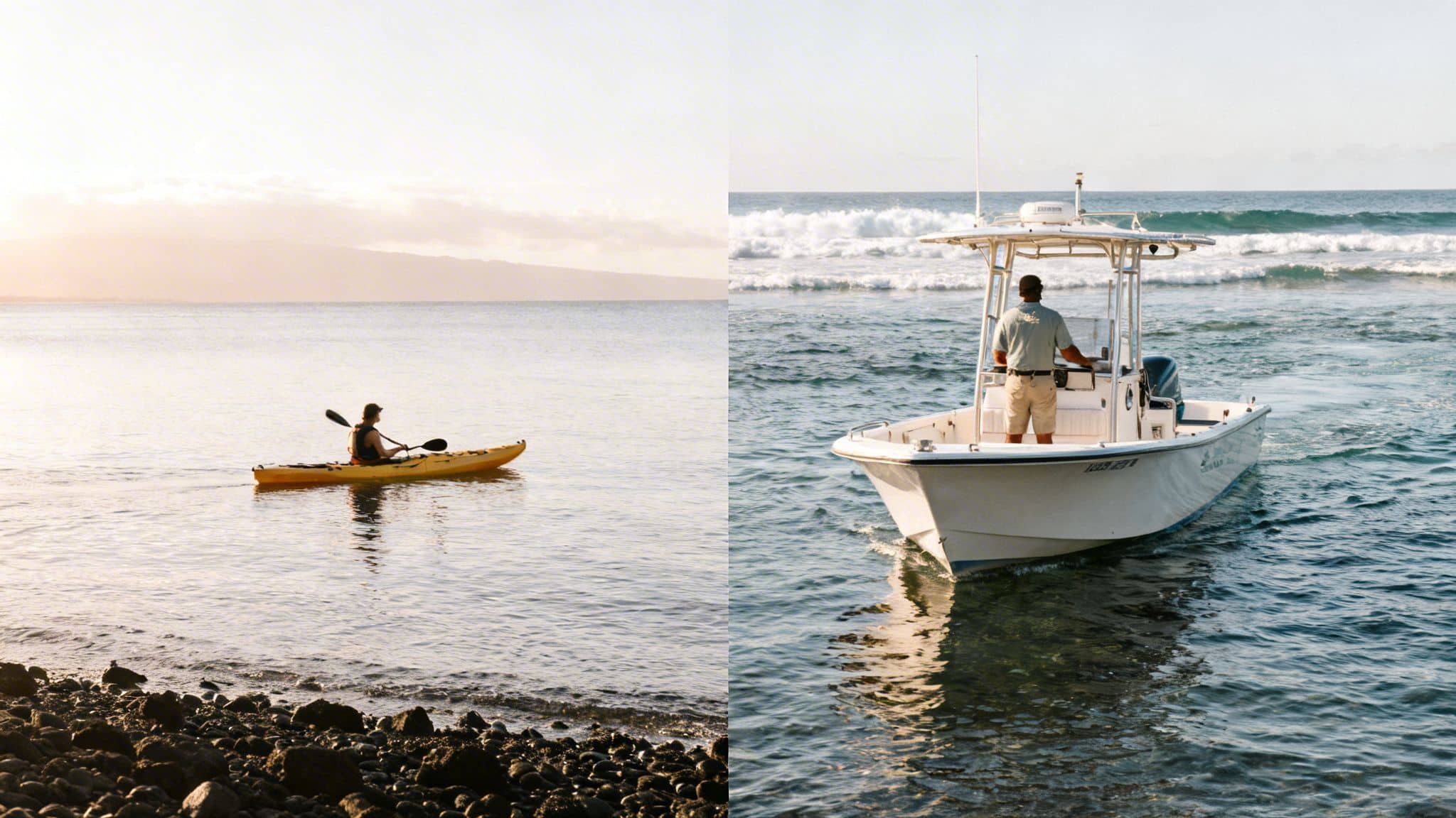 A person kayaks in a calm bay while a man drives a motorboat on the open ocean.