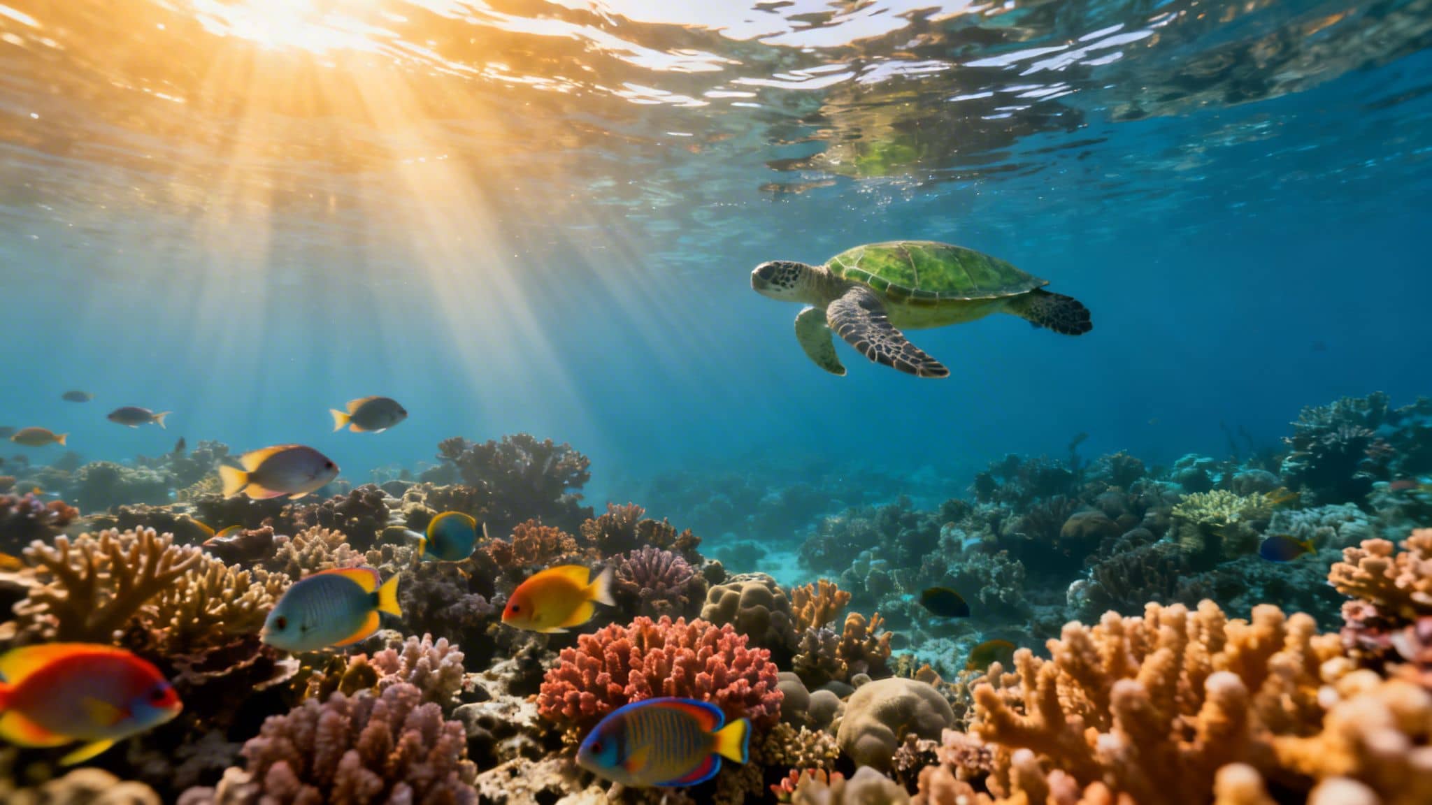 A green sea turtle gracefully swims above a vibrant coral reef teeming with colorful tropical fish, illuminated by sun rays.