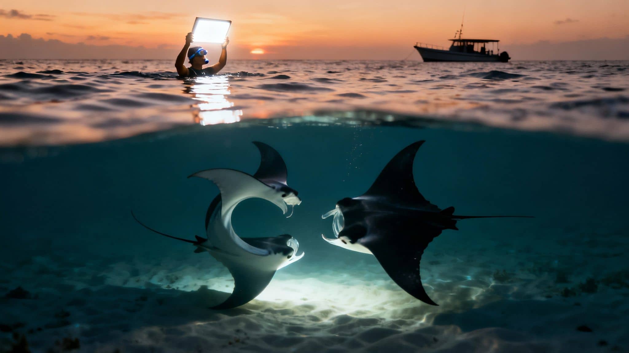 Split shot of a diver holding a light at sunset above two manta rays feeding underwater.