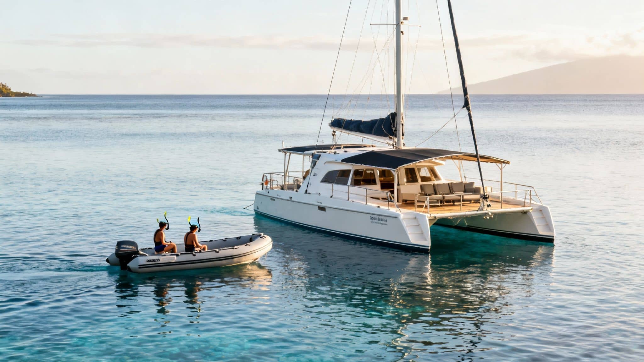 Two snorkelers in a dinghy near a large catamaran on clear blue tropical waters.
