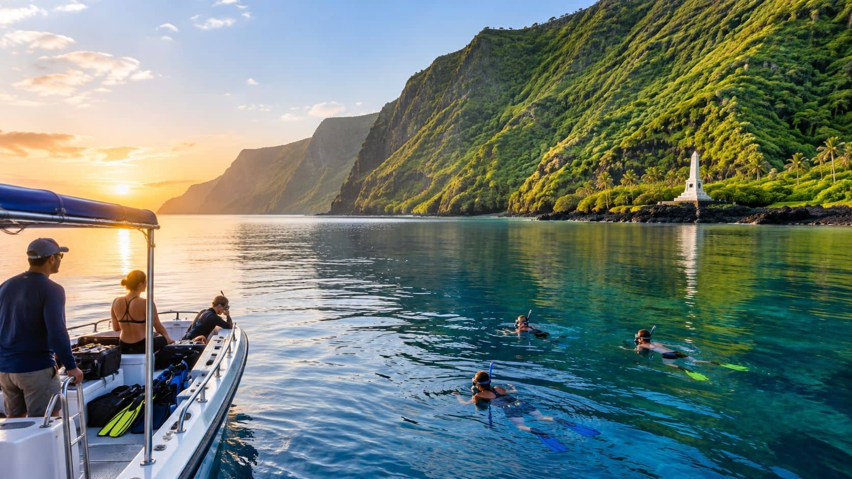 A boat tour group prepares to snorkel near the scenic Captain Cook Monument on the Big Island.