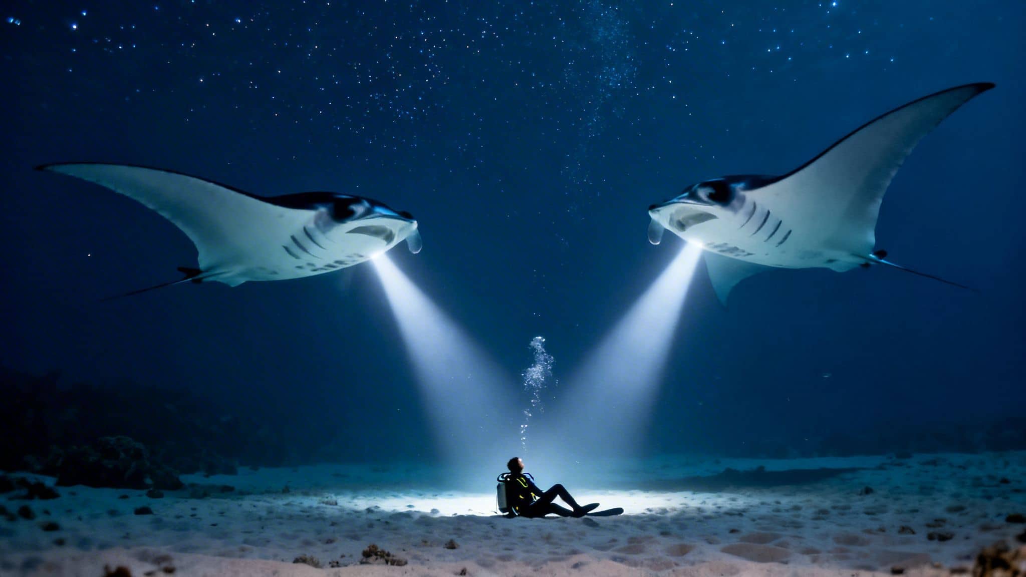 Two majestic manta rays illuminate a diver sitting on the ocean floor at night.