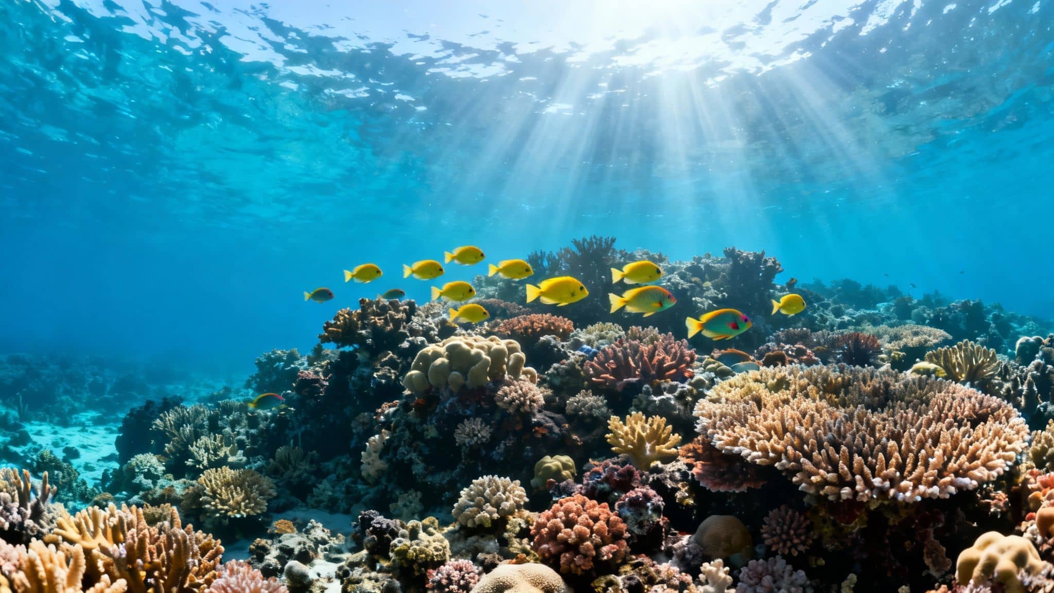 Stunning underwater view of a vibrant coral reef with schooling yellow fish and sunbeams.