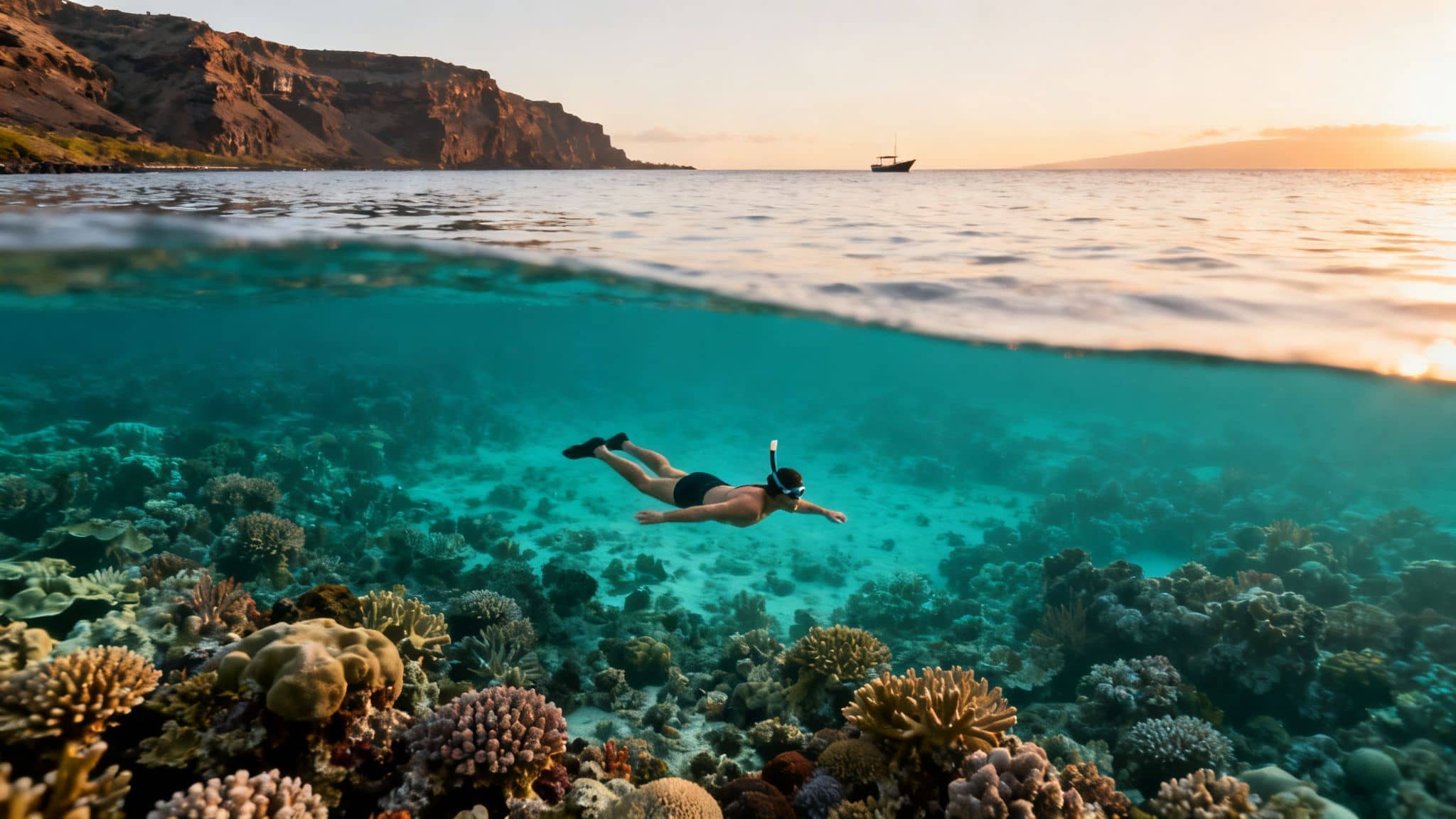 A split image shows a man snorkeling over a colorful coral reef underwater, with a serene sunset and boat above.