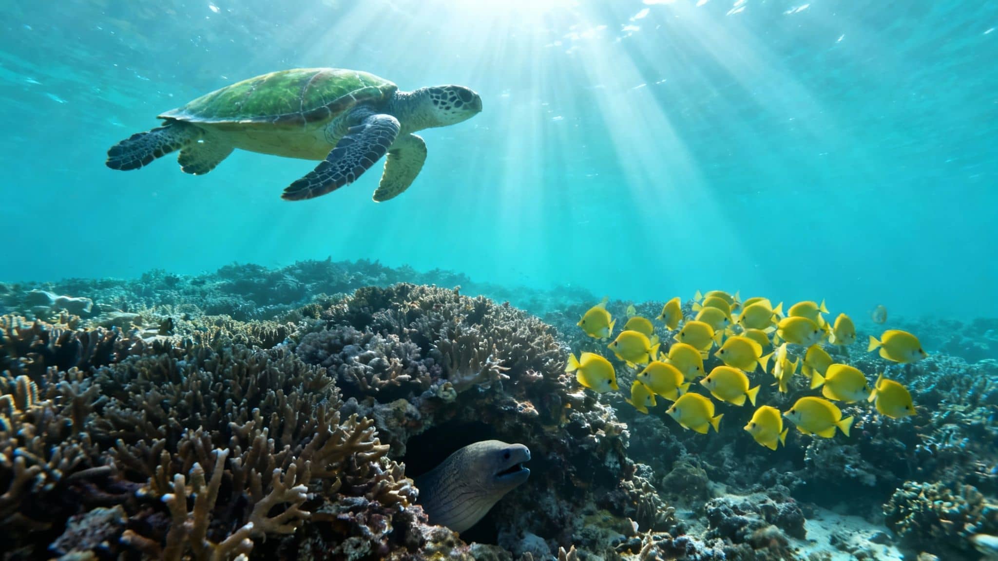 A vibrant underwater scene with a sea turtle swimming over a coral reef, a school of yellow fish, and a moray eel.