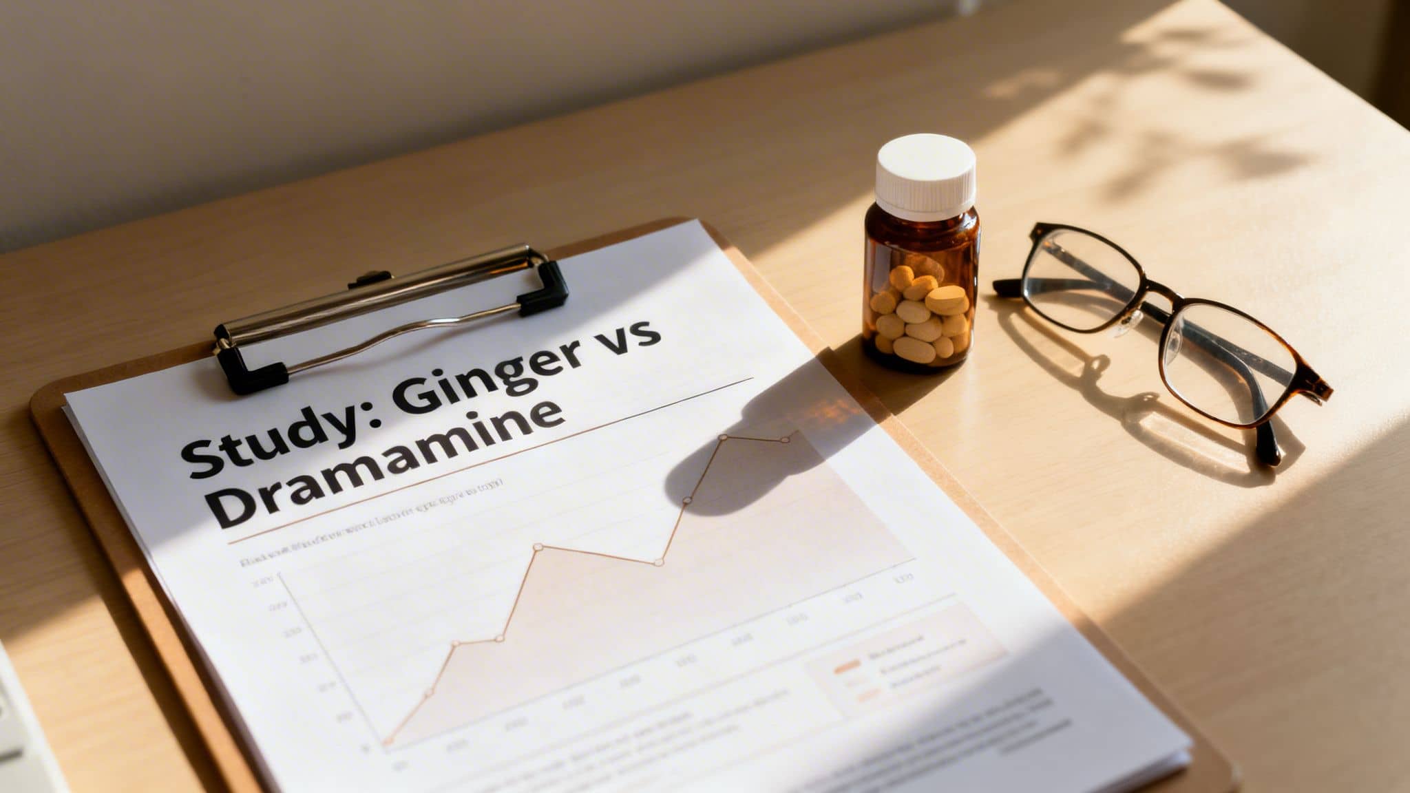 A clipboard with a 'Ginger vs Dramamine' study document, a pill bottle, and eyeglasses on a wooden desk.