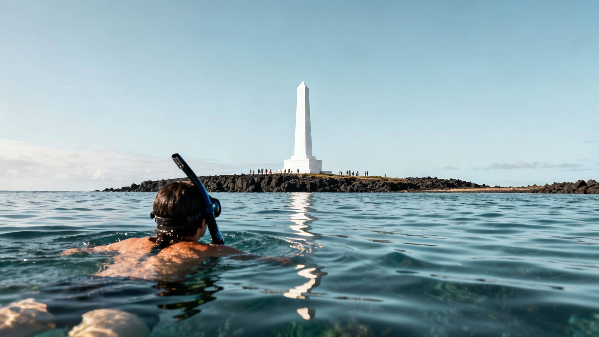 Person snorkeling in clear water, looking towards a tall white monument on a rocky island.