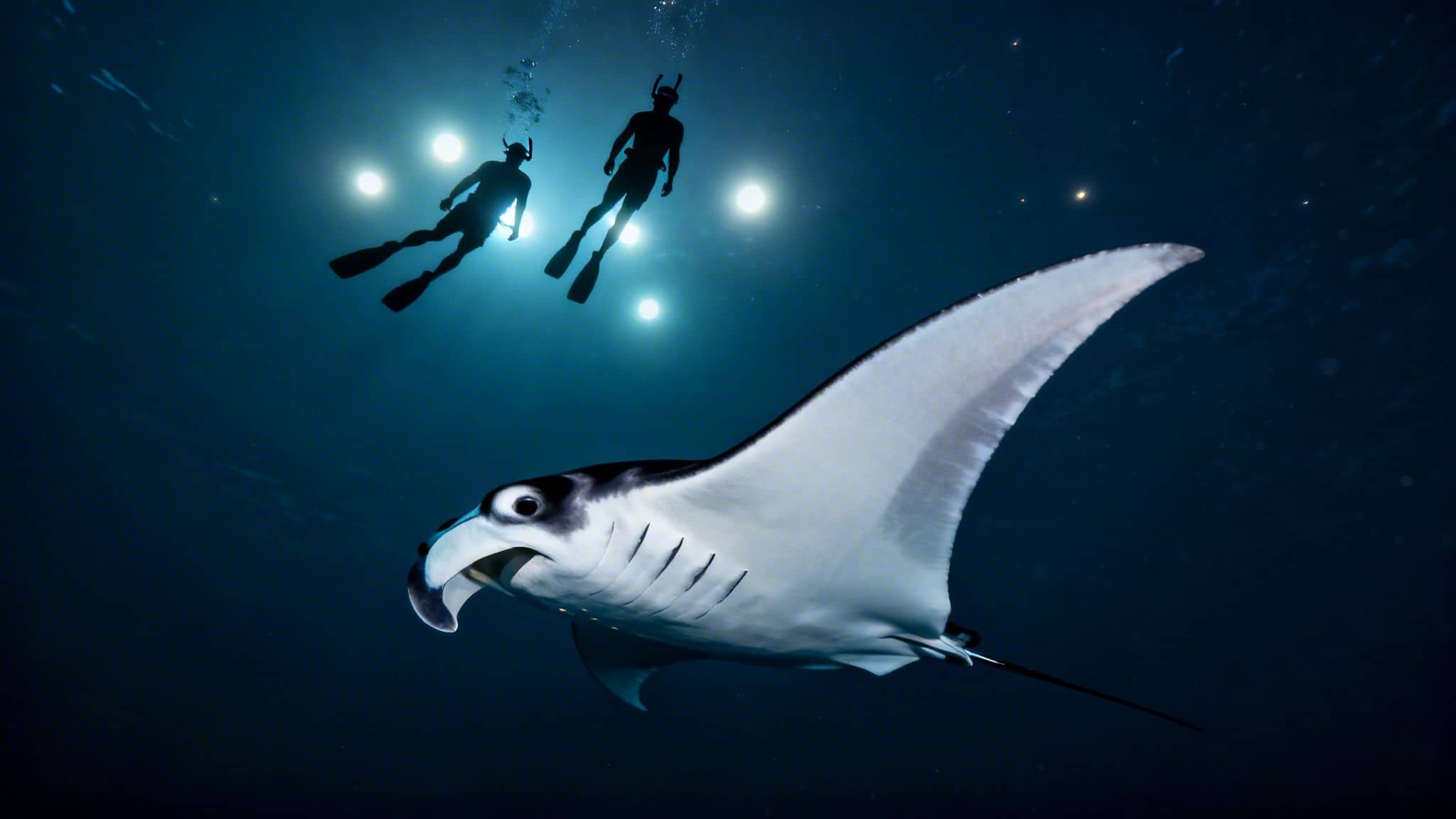 Night snorkelers observe a graceful manta ray illuminated by underwater lights in the ocean.