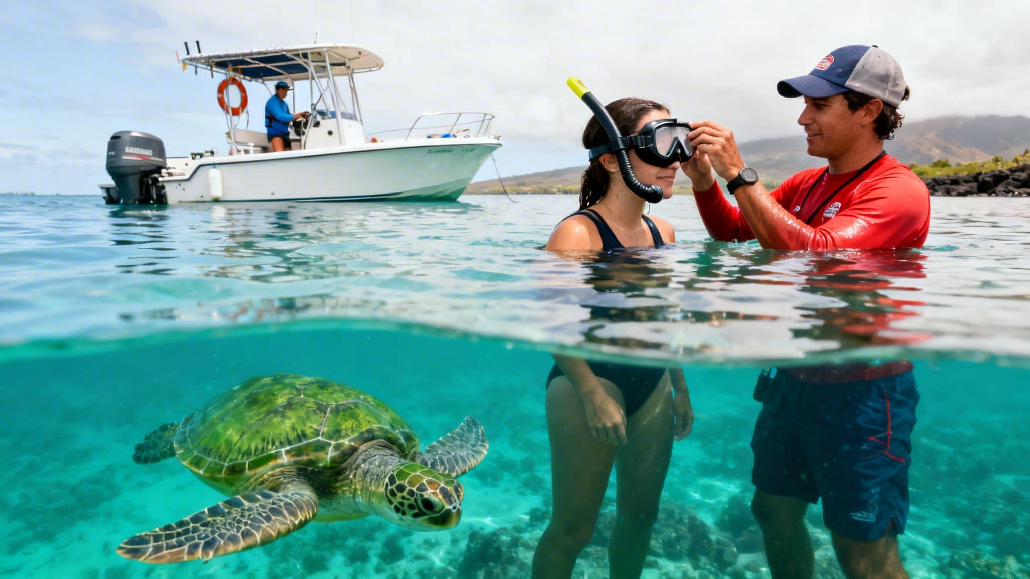 A man helps a woman adjust her snorkel mask in clear ocean water, with a sea turtle swimming below and a boat in the background.