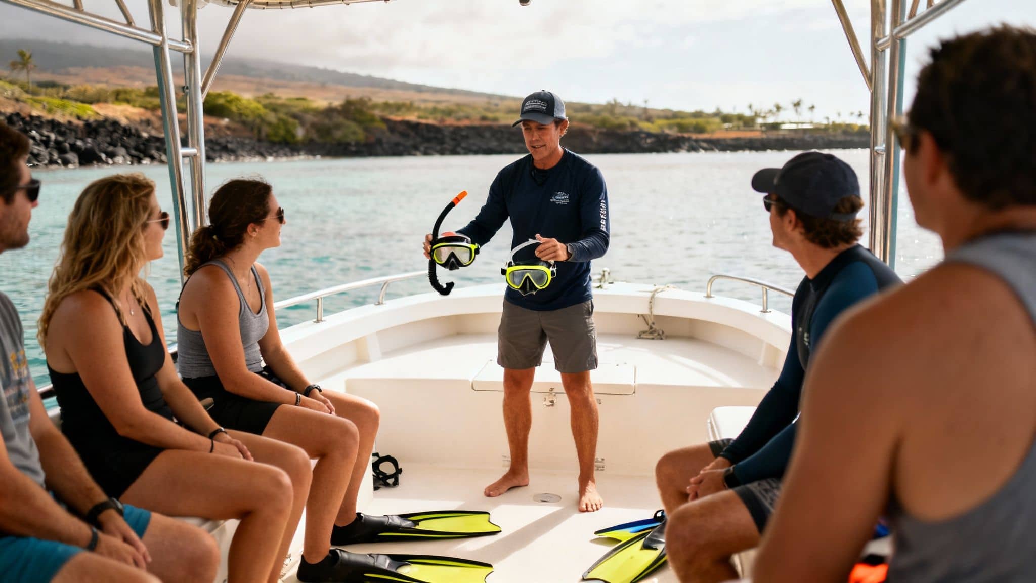 A tour guide on a boat explains snorkeling gear to passengers near a tropical coastline.