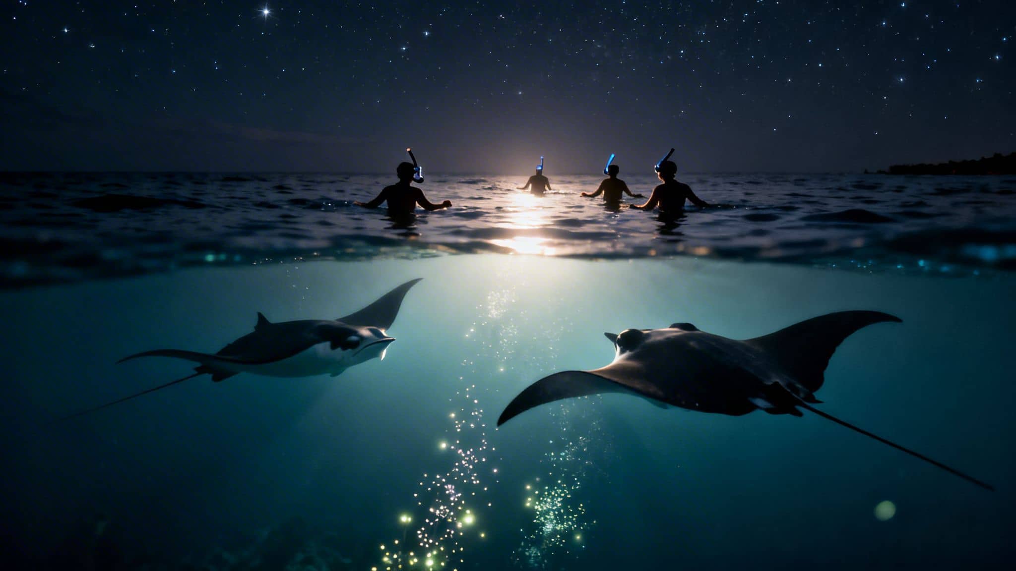 Night snorkeling with manta rays under a starry sky, split view above and below water.