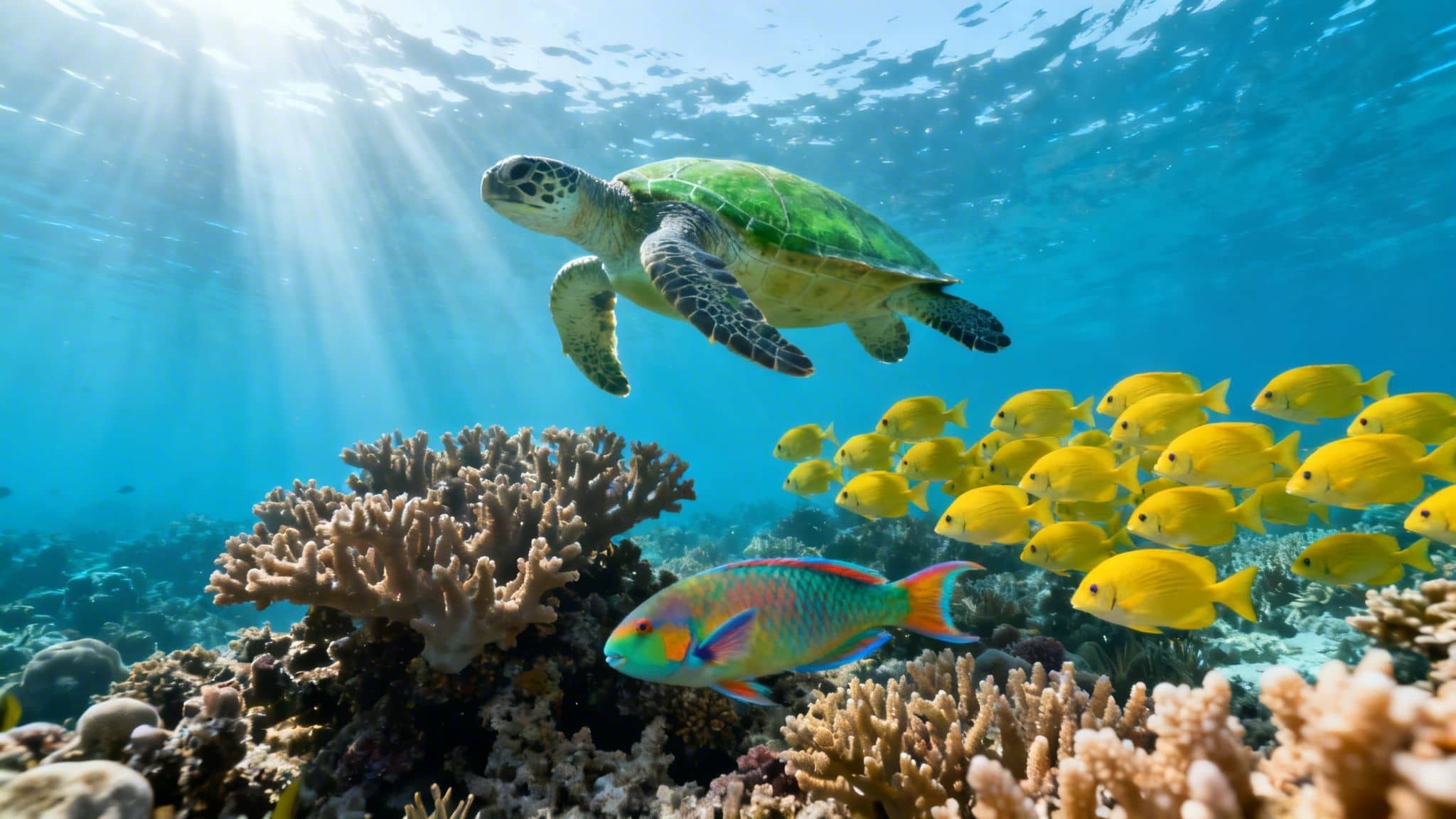 A vibrant underwater scene with a green sea turtle, colorful fish, and coral reefs bathed in sun rays.