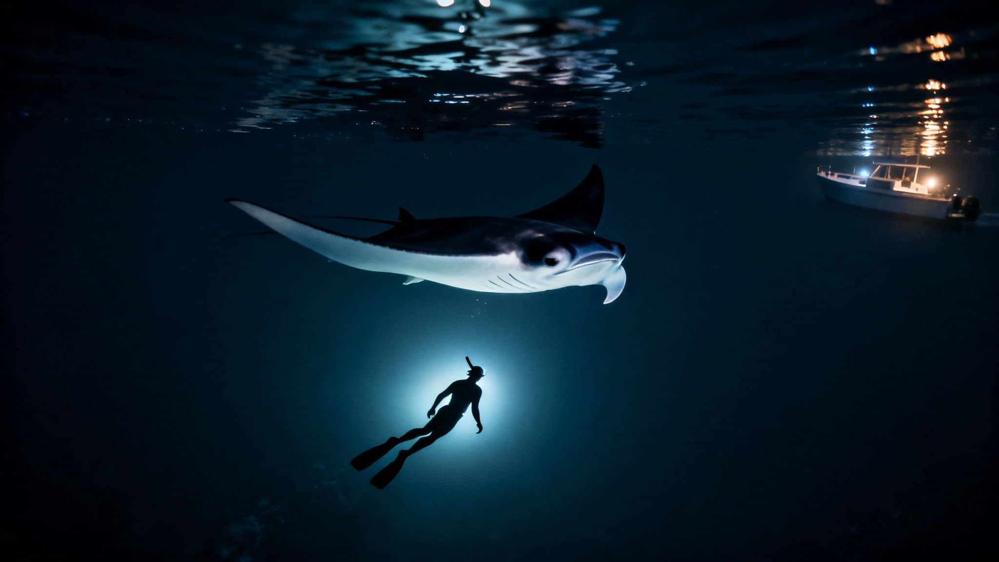 A diver with a powerful underwater light beneath a giant manta ray, with a lit boat overhead.